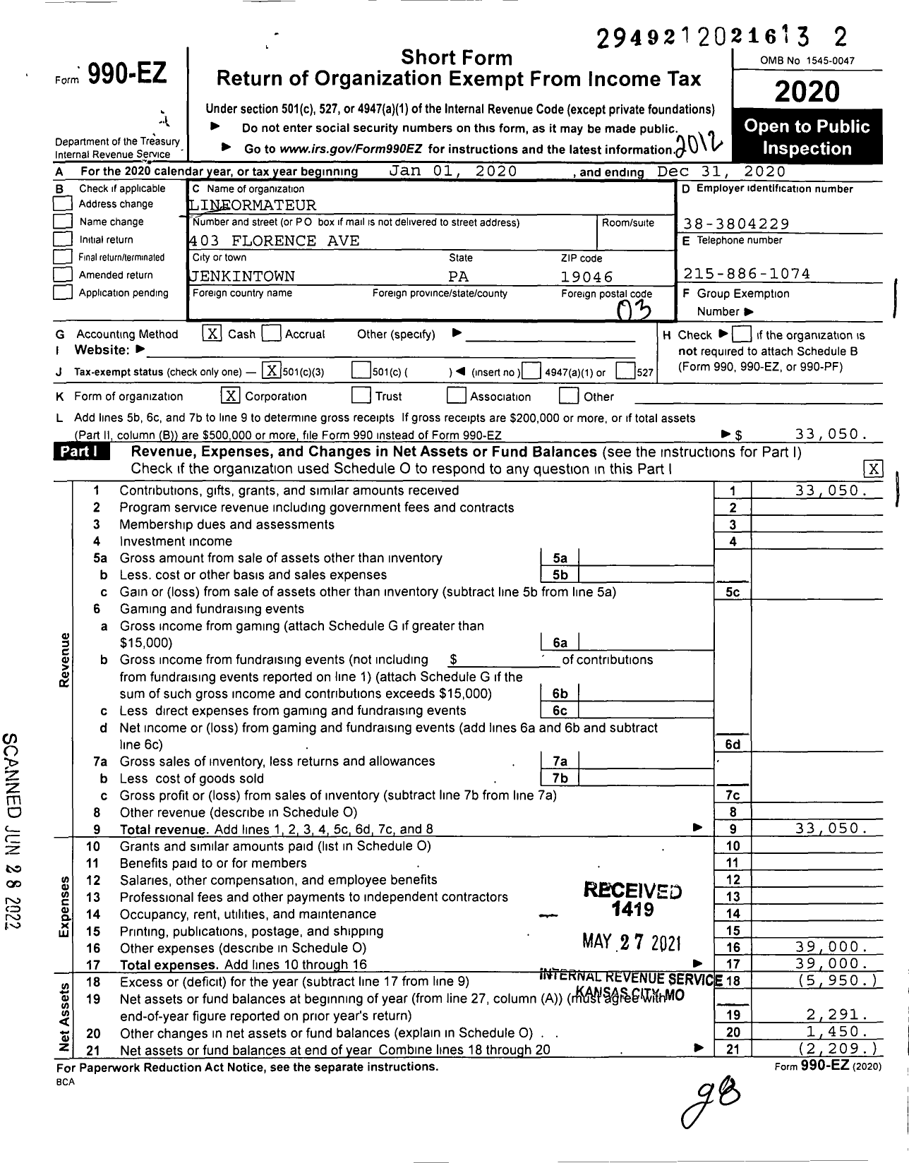 Image of first page of 2020 Form 990EZ for Linformateur