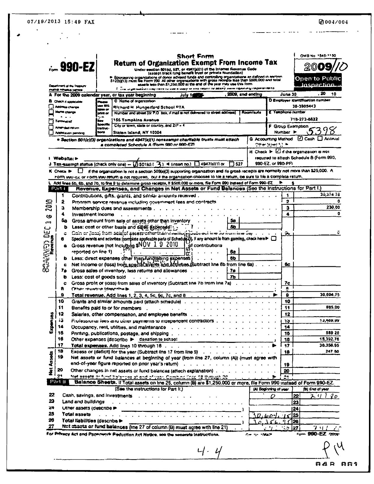 Image of first page of 2009 Form 990ER for Staten Island Federation of Parent Teacher Associations / The Hungerford School PTA