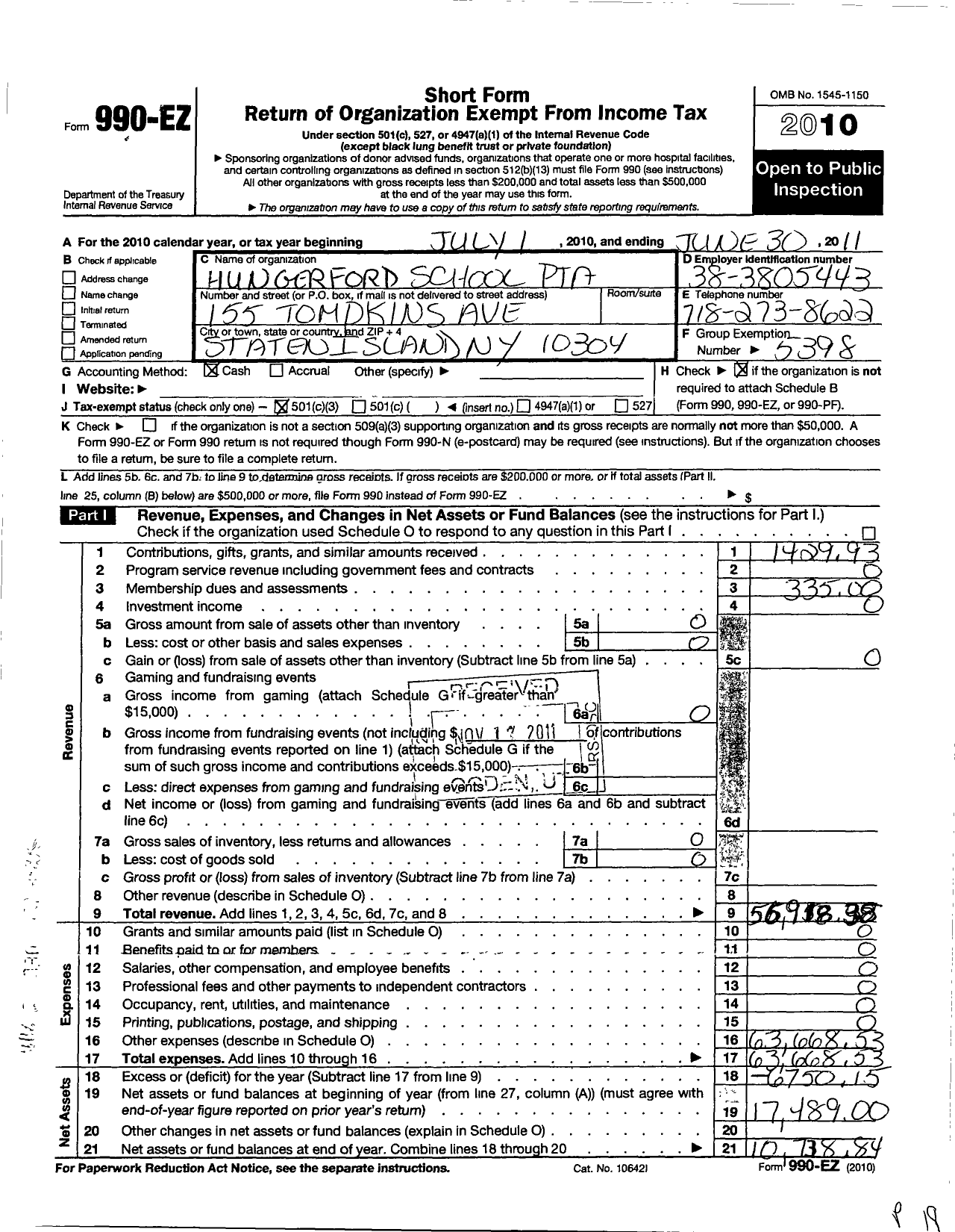 Image of first page of 2010 Form 990EZ for Staten Island Federation of Parent Teacher Associations / The Hungerford School PTA