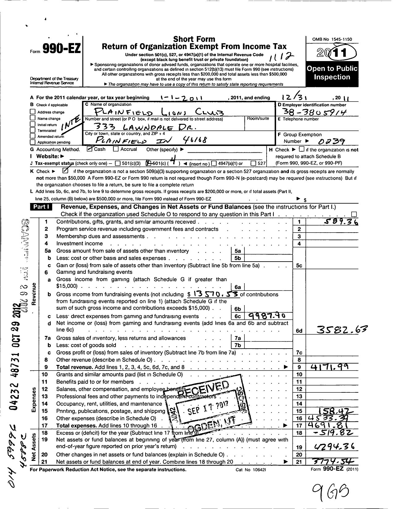 Image of first page of 2011 Form 990EO for International Association of Lions Clubs / 9568 Plainfield