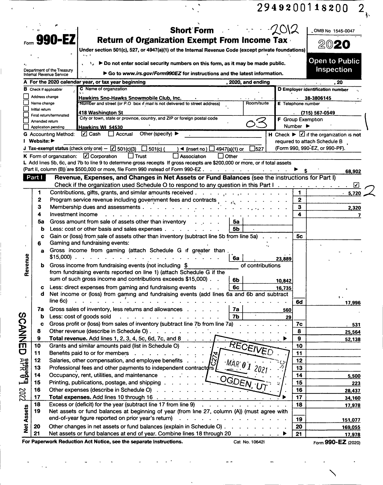 Image of first page of 2020 Form 990EZ for Hawkins Sno-Hawks Snowmobile Club