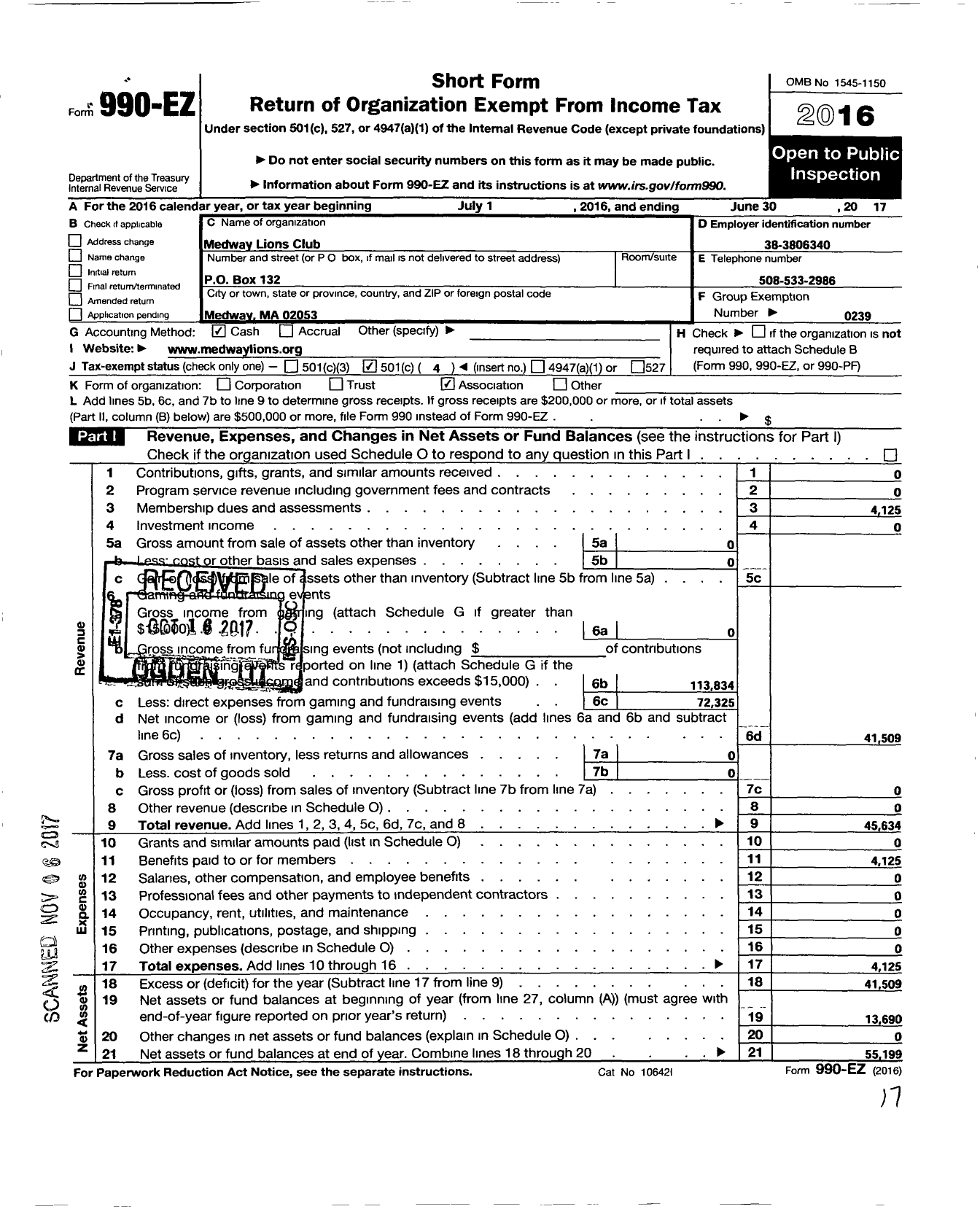 Image of first page of 2016 Form 990EO for Lions Clubs - 42061 Medway