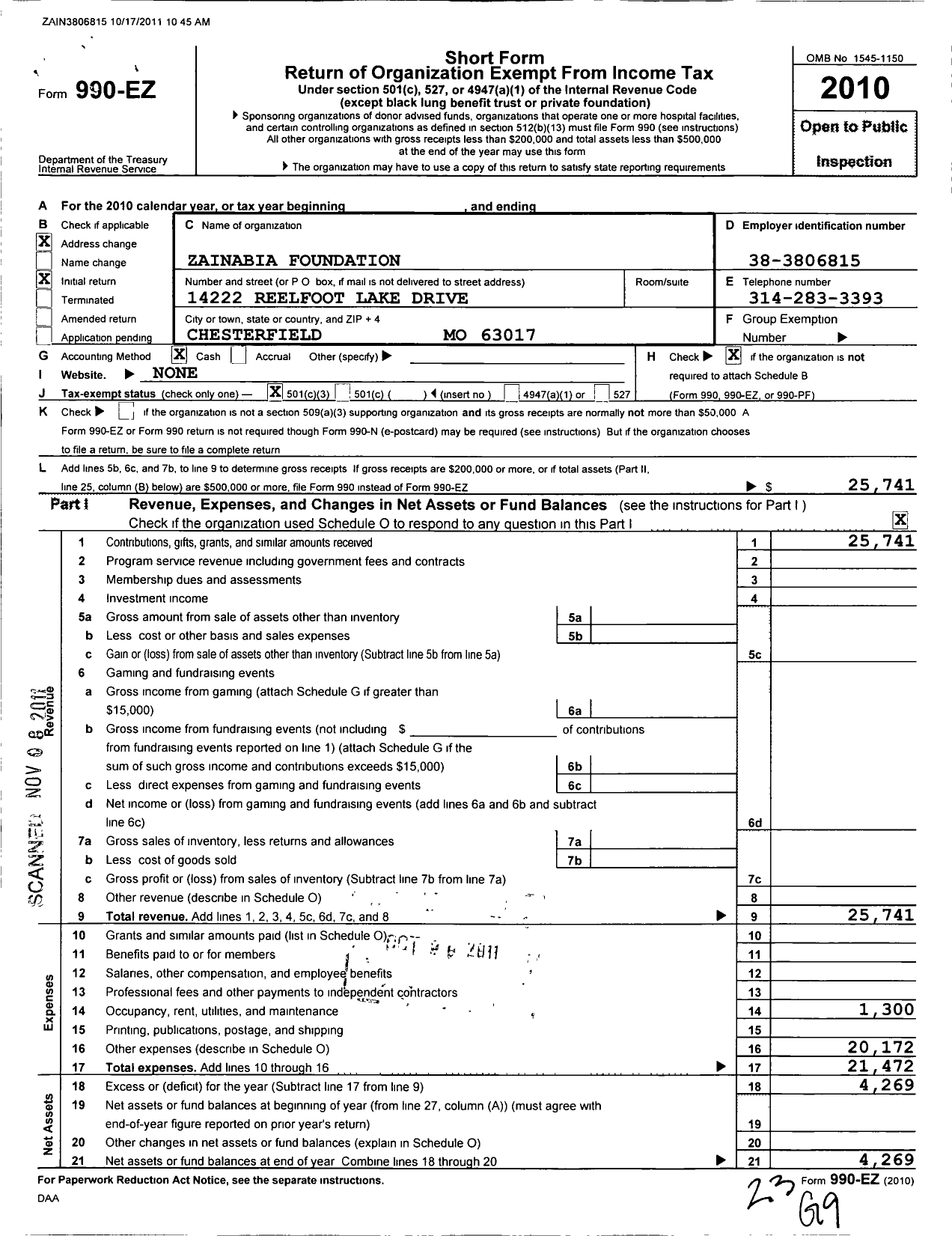 Image of first page of 2010 Form 990EZ for Zainabia Foundation