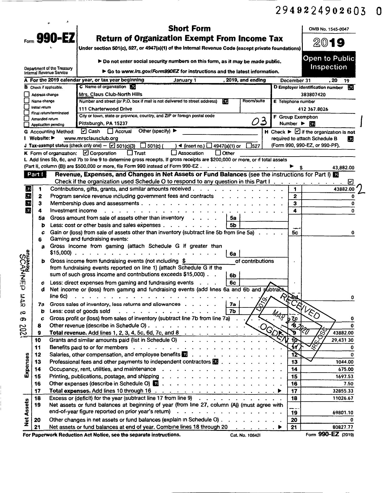 Image of first page of 2019 Form 990EZ for Mrs Claus Club - North Hills