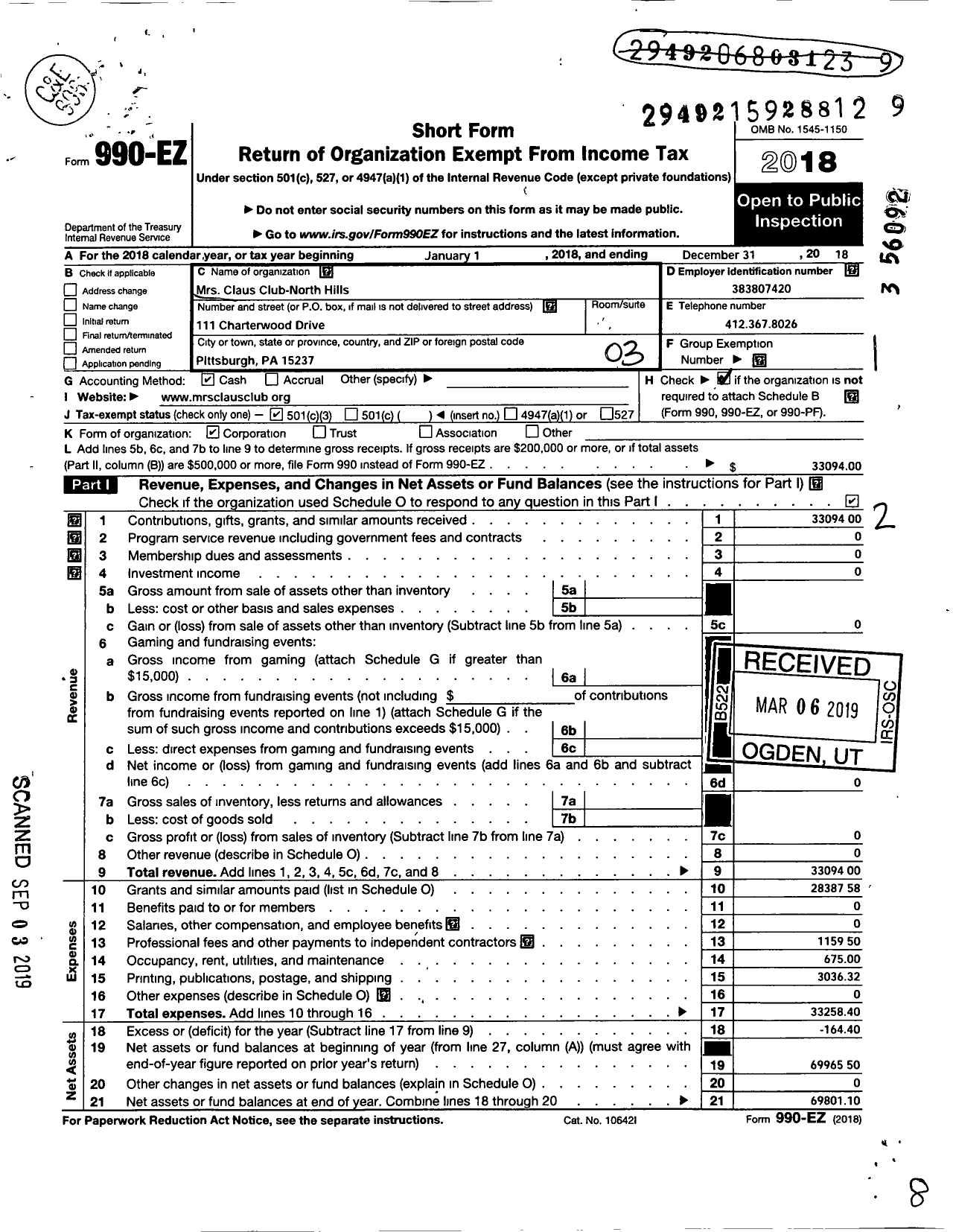 Image of first page of 2018 Form 990EZ for Mrs Claus Club - North Hills