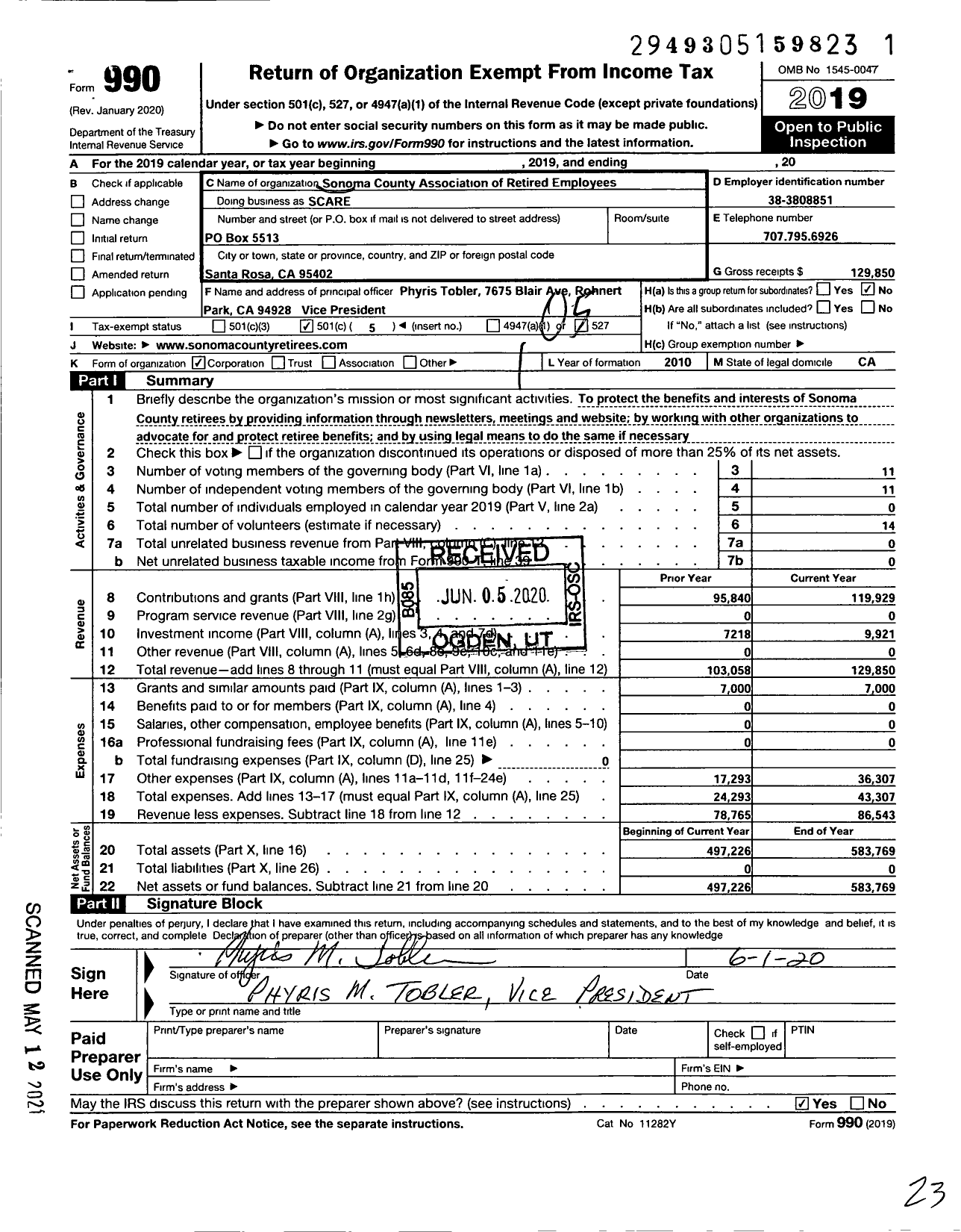 Image of first page of 2019 Form 990O for Sonoma County Association of Retired Employees (SCARE)