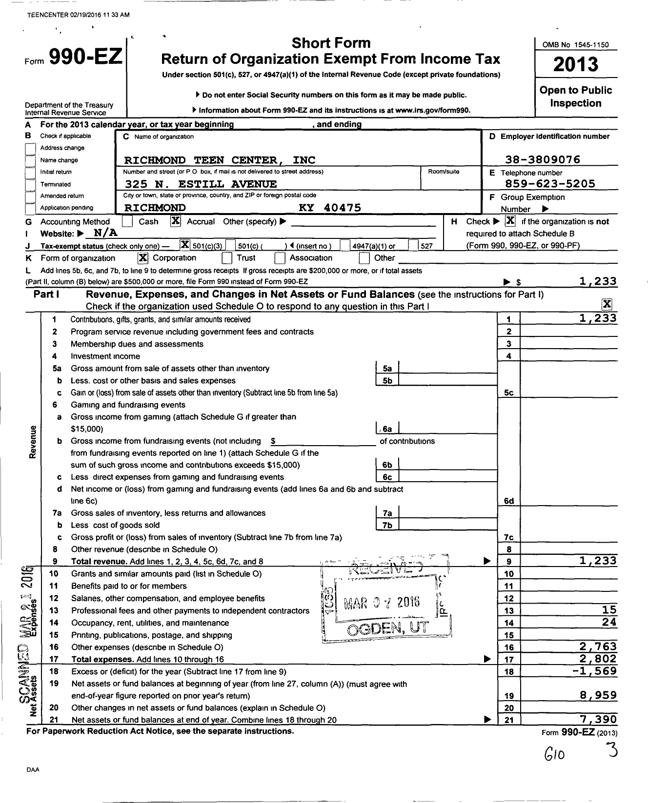 Image of first page of 2013 Form 990EZ for Richmond Teen Center