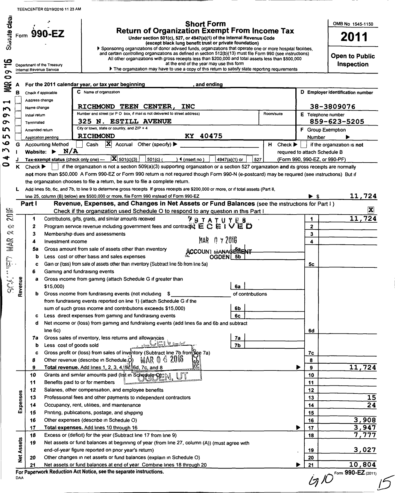 Image of first page of 2011 Form 990EZ for Richmond Teen Center