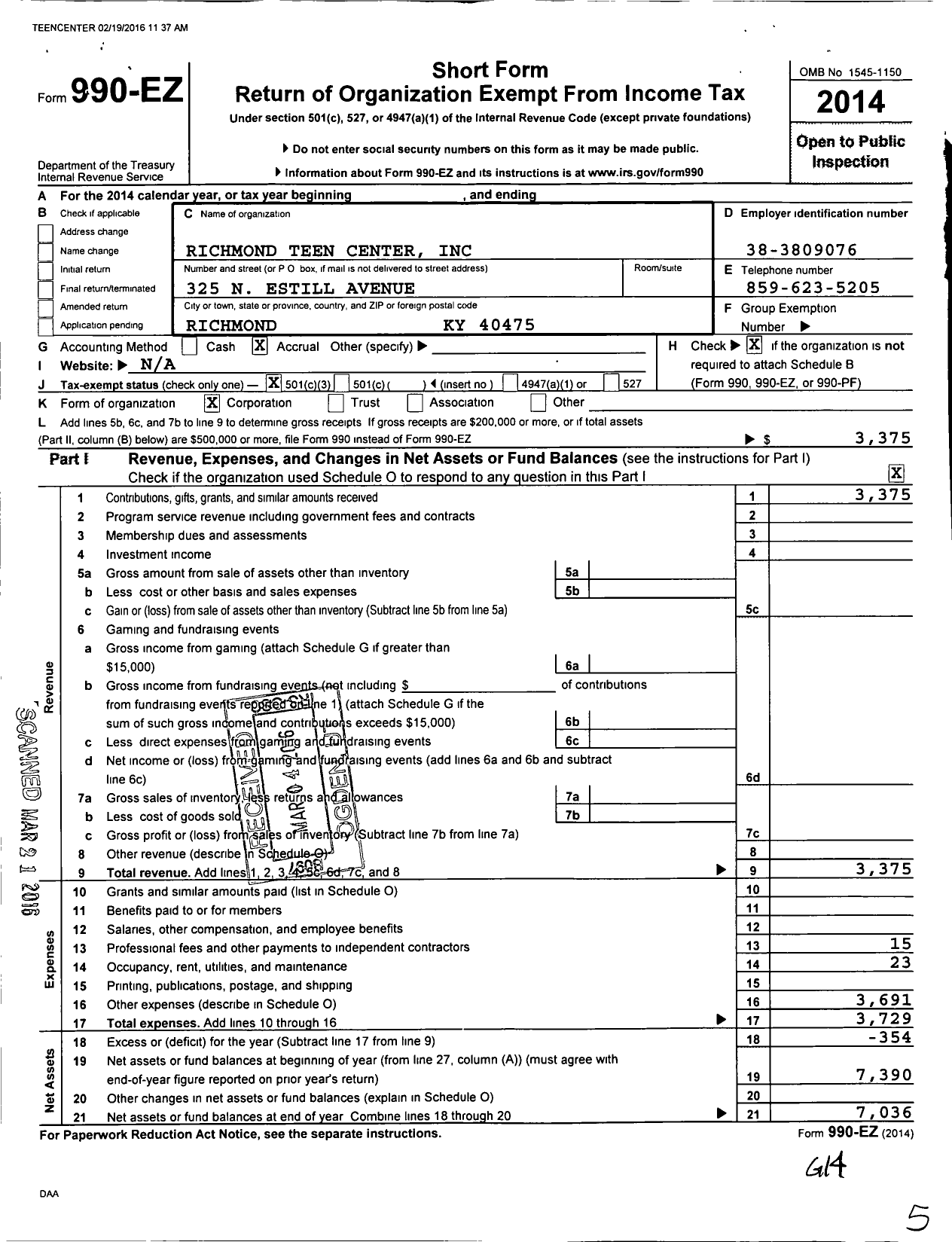 Image of first page of 2014 Form 990EZ for Richmond Teen Center