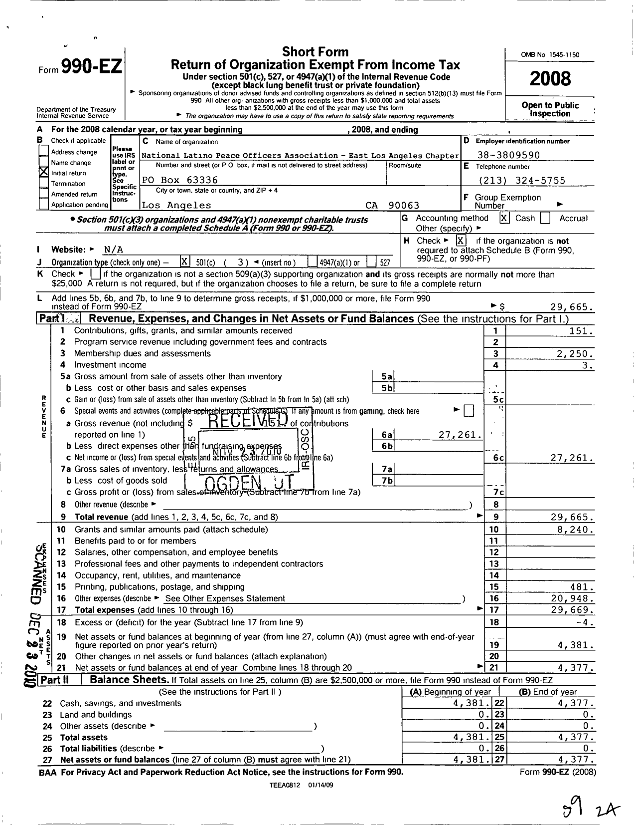 Image of first page of 2008 Form 990EZ for National Latino Peace Officers Association E Los Angeles Chapter