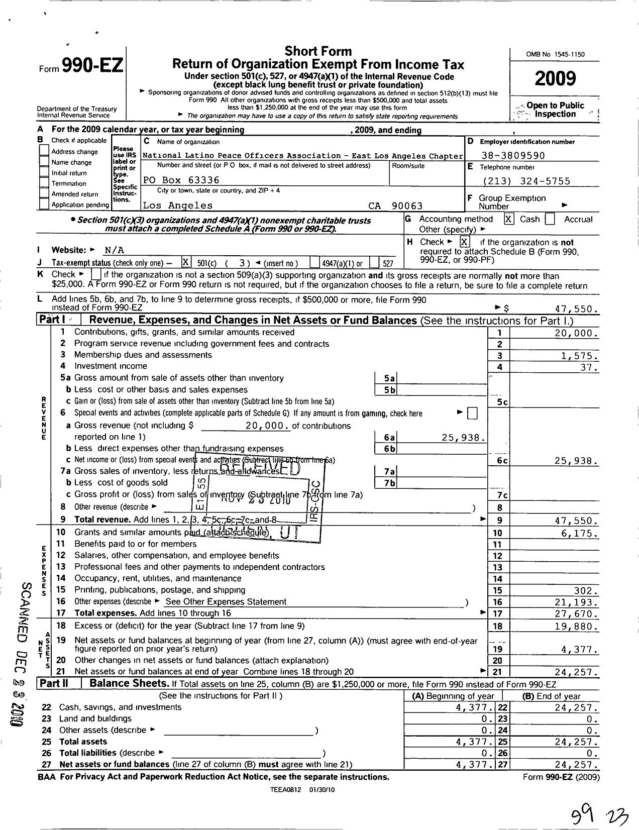 Image of first page of 2009 Form 990EZ for National Latino Peace Officers Association E Los Angeles Chapter