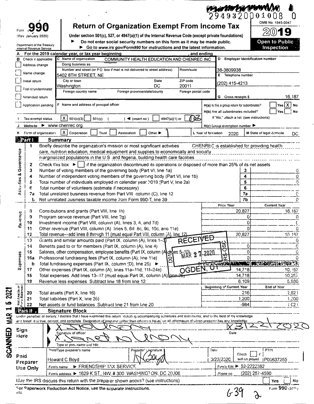 Image of first page of 2019 Form 990 for Community Health Education and Nutritional Research Center