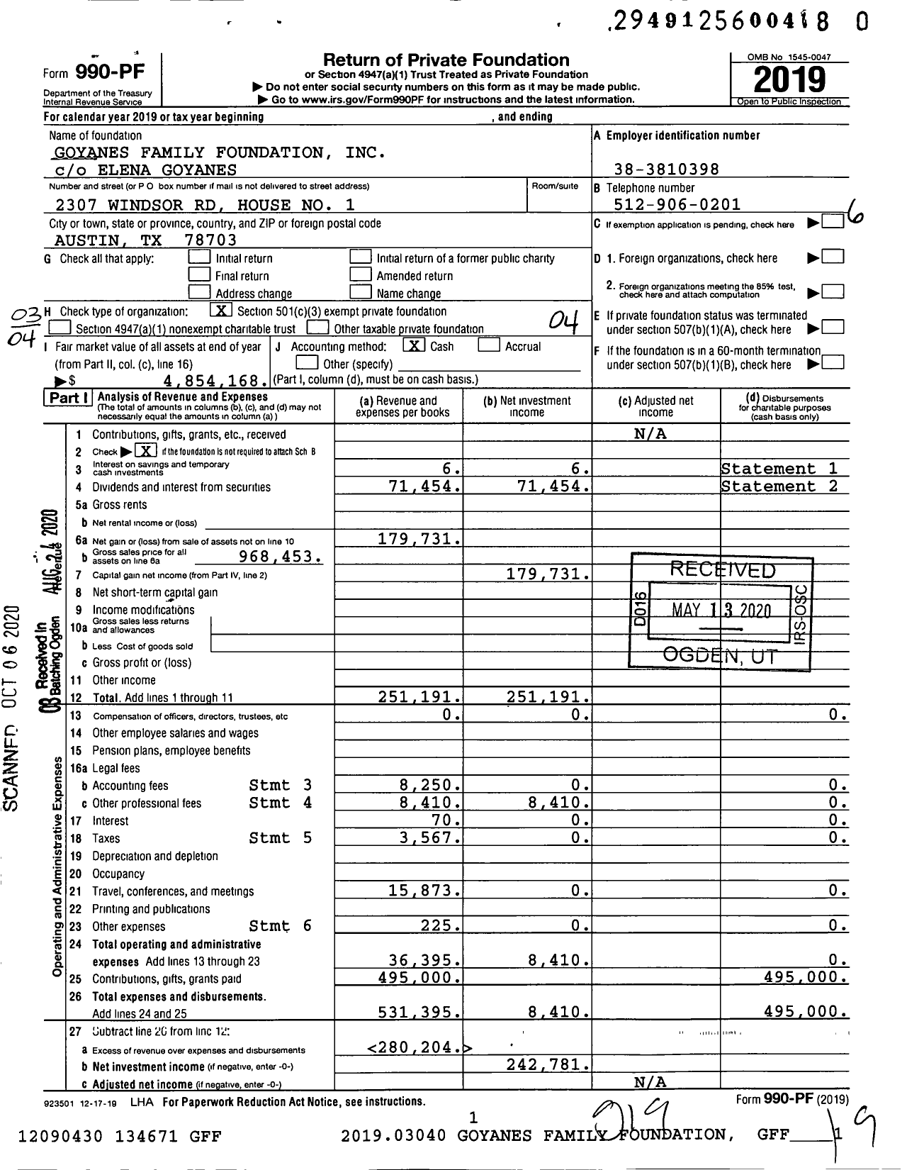 Image of first page of 2019 Form 990PR for Goyanes Family Foundation