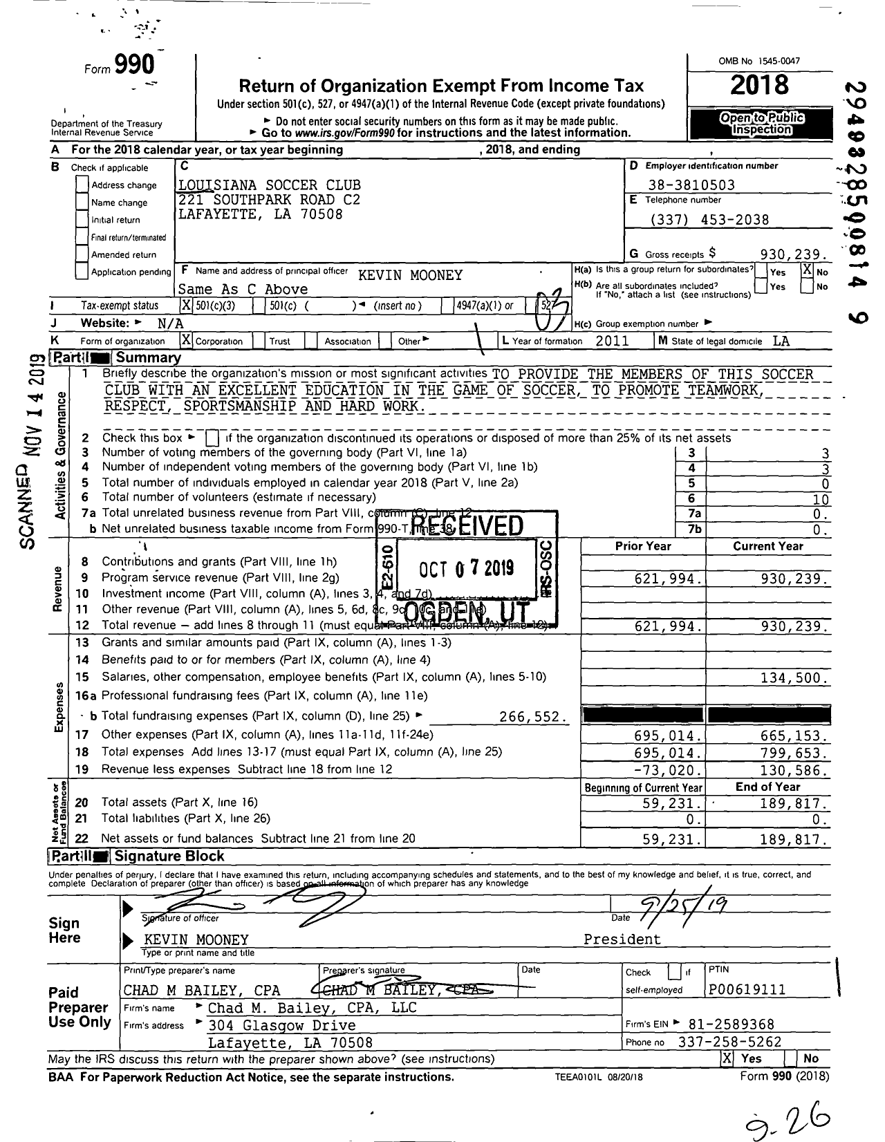 Image of first page of 2018 Form 990 for Louisiana Soccer Club