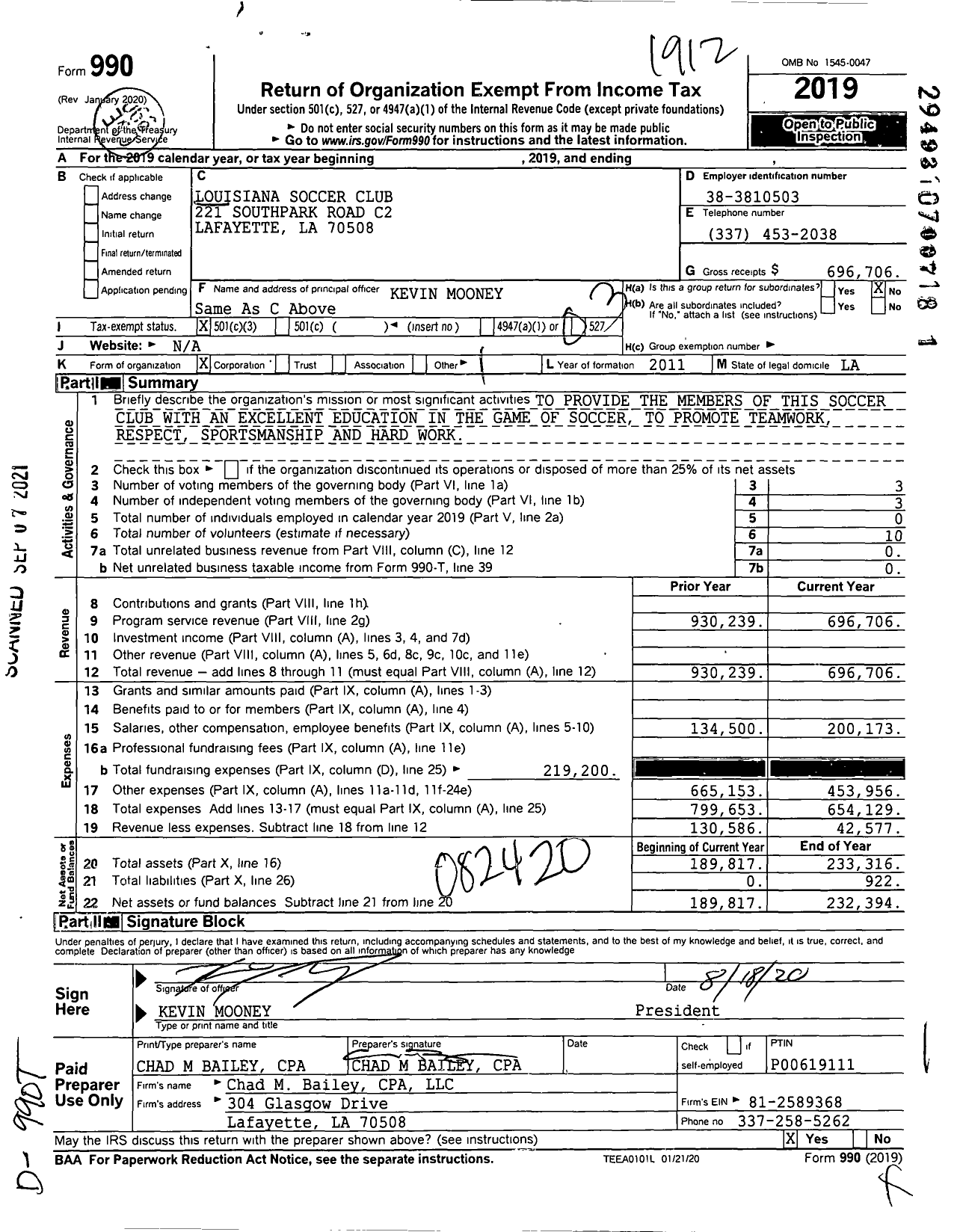 Image of first page of 2019 Form 990 for Louisiana Soccer Club