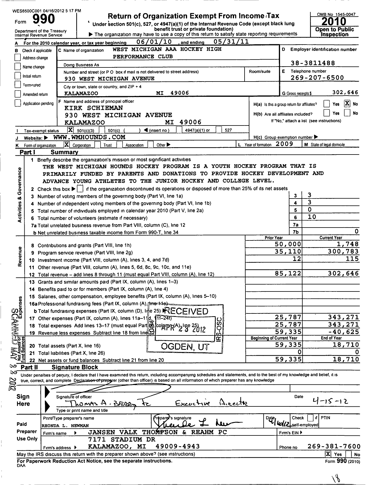 Image of first page of 2010 Form 990 for West Michigan Aaa Hockey High Performance Club