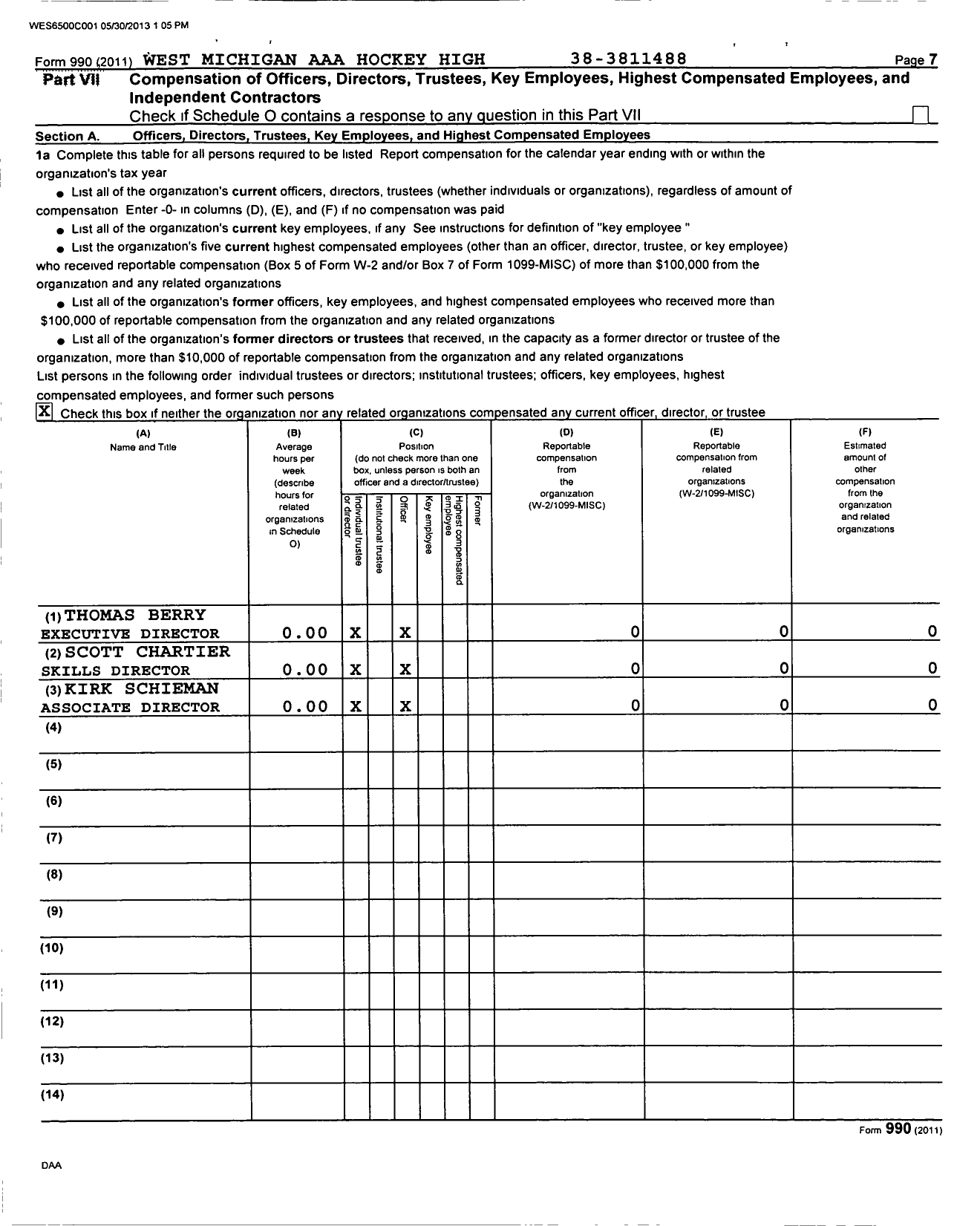 Image of first page of 2011 Form 990 for West Michigan Aaa Hockey High Performance Club