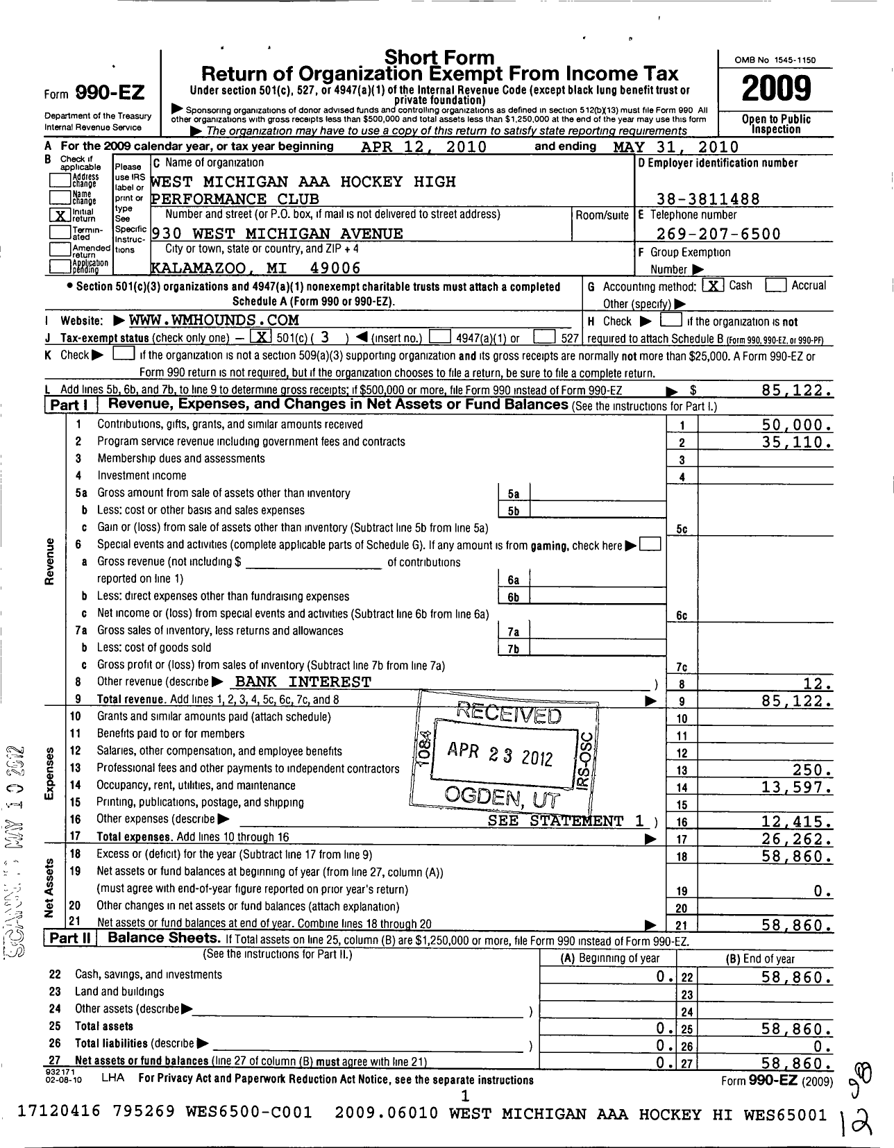 Image of first page of 2009 Form 990EZ for West Michigan Aaa Hockey High Performance Club