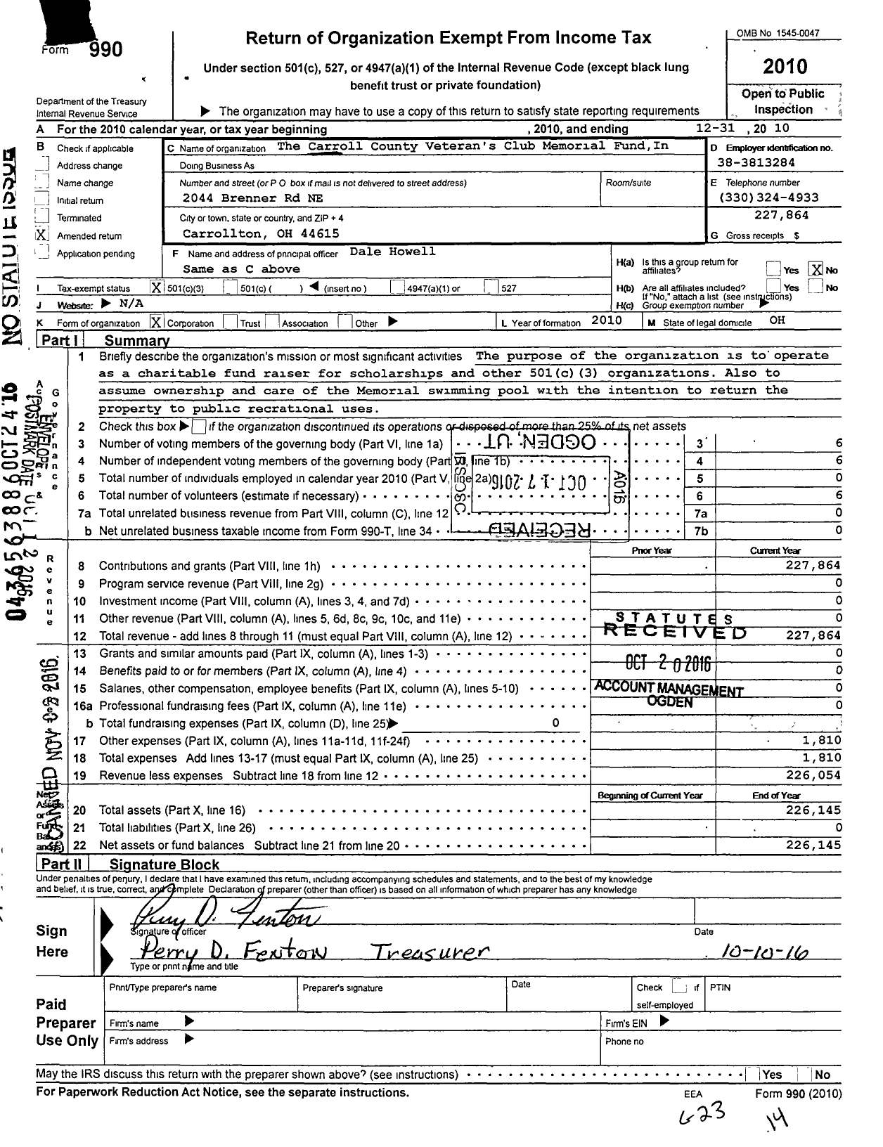 Image of first page of 2010 Form 990 for Carroll County Veterans Club Memorial Fund