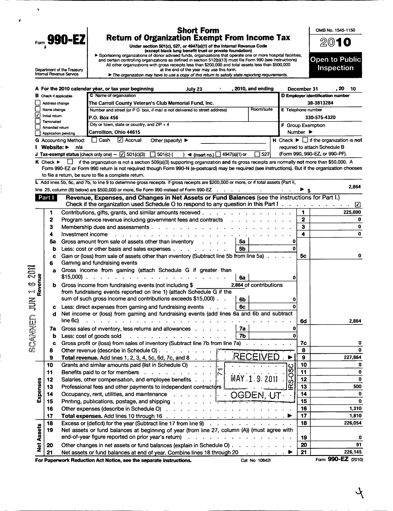 Image of first page of 2010 Form 990EZ for Carroll County Veterans Club Memorial Fund