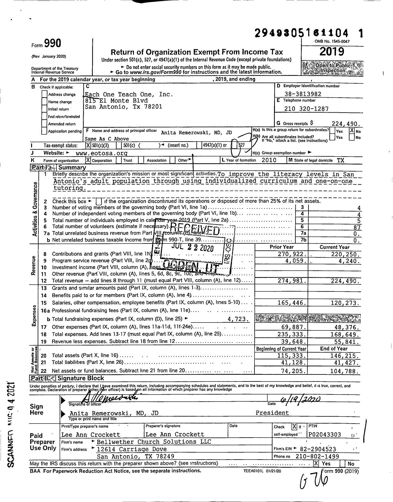 Image of first page of 2019 Form 990 for Each One Teach One