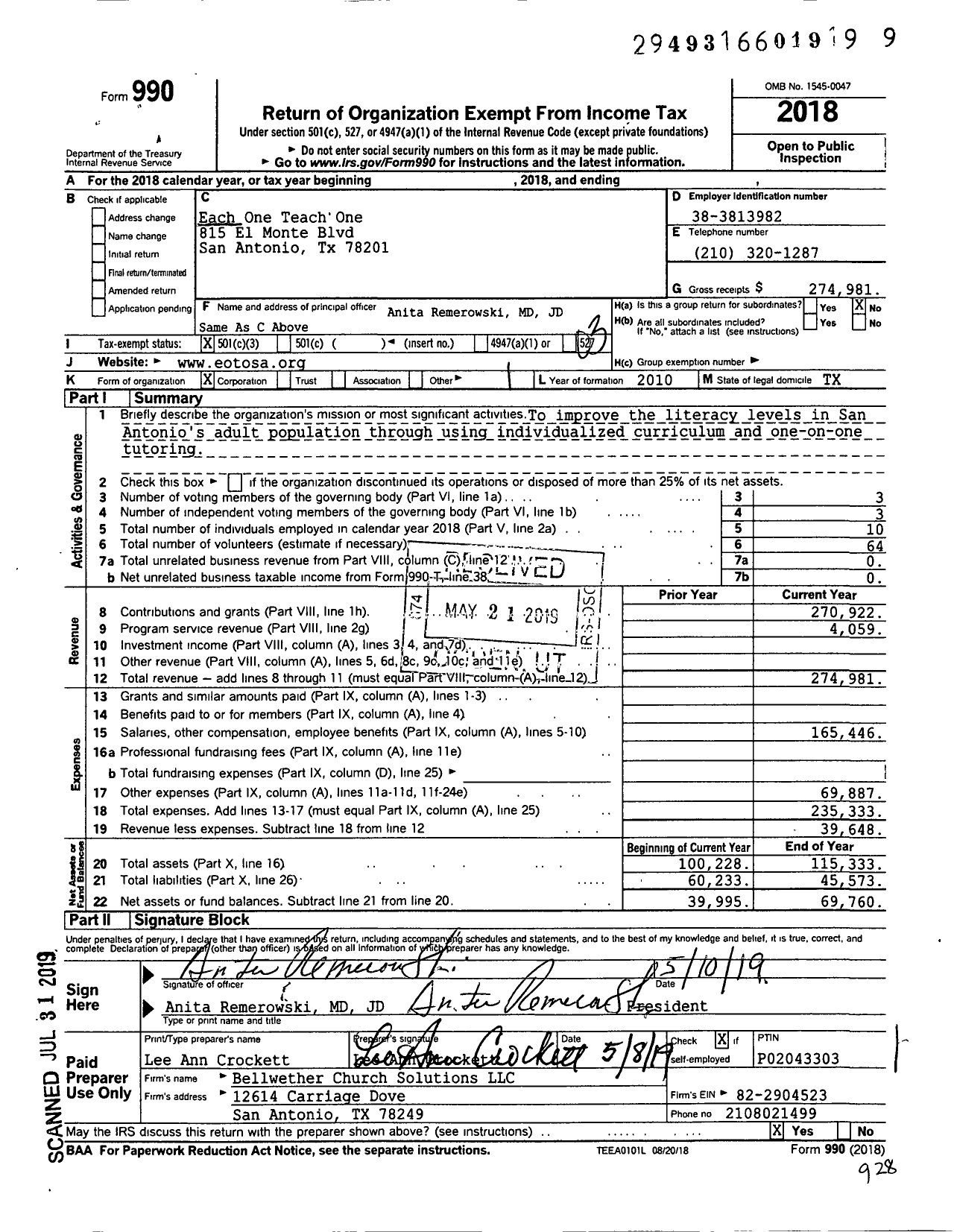 Image of first page of 2018 Form 990 for Each One Teach One