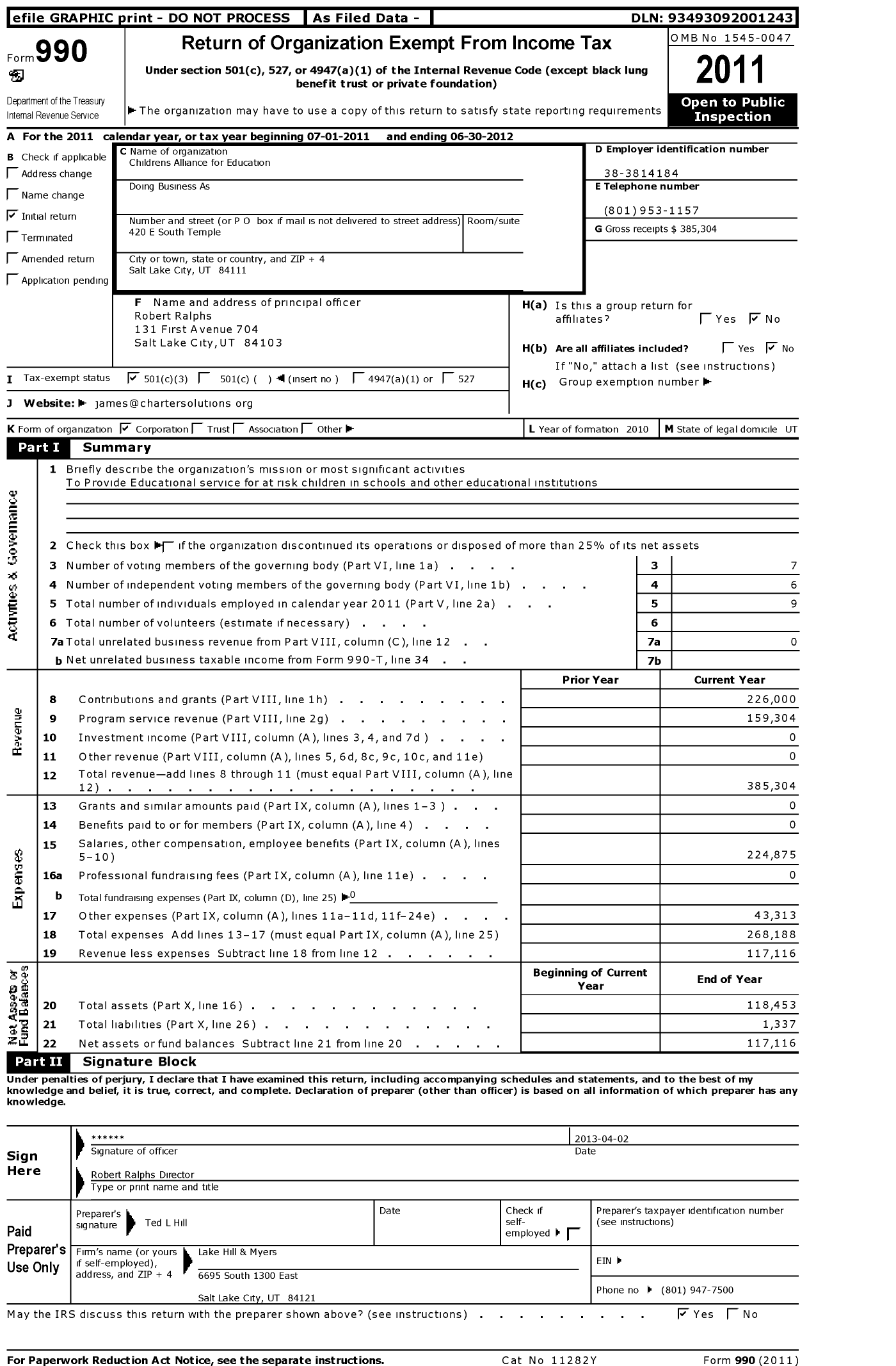 Image of first page of 2011 Form 990 for Childrens Alliance for Education