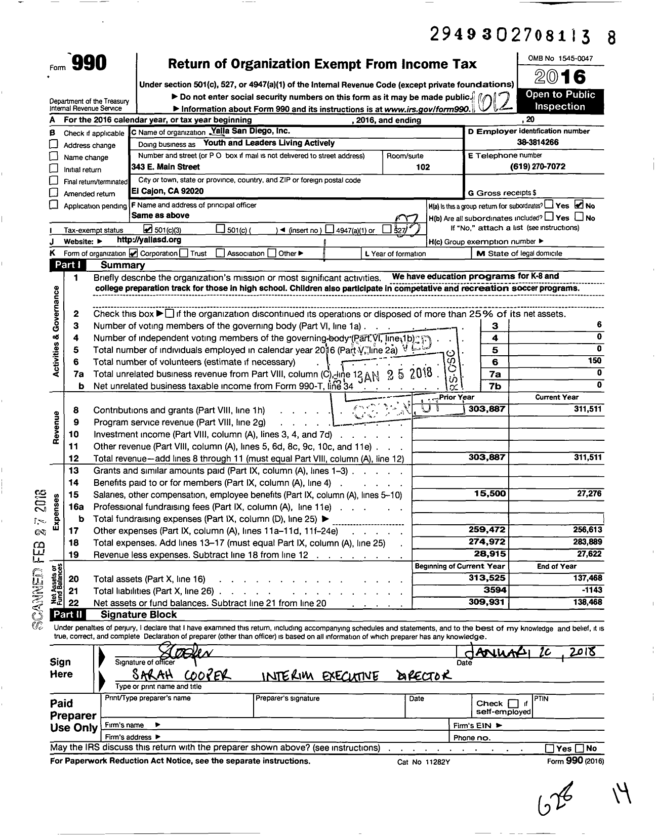 Image of first page of 2016 Form 990 for Yalla San Diego Youth and Leaders Living Actively