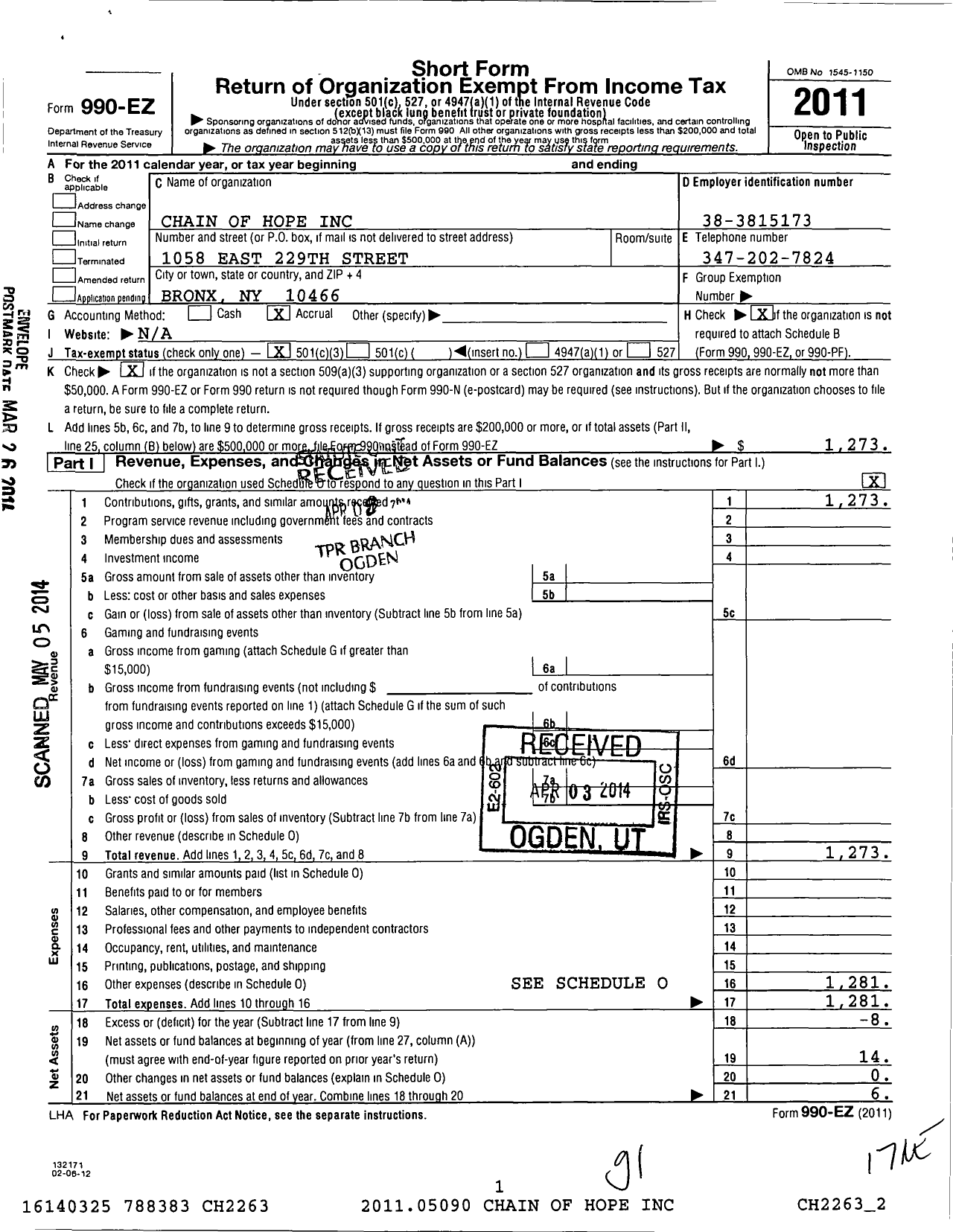 Image of first page of 2011 Form 990EZ for Chain of Hope