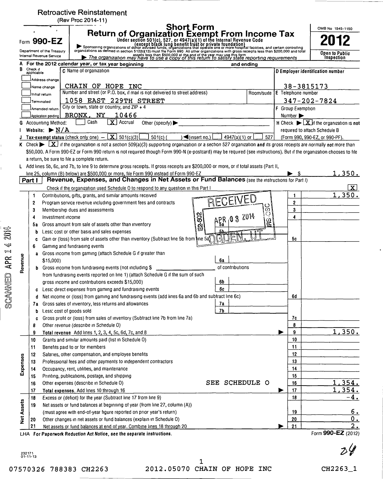 Image of first page of 2012 Form 990EZ for Chain of Hope