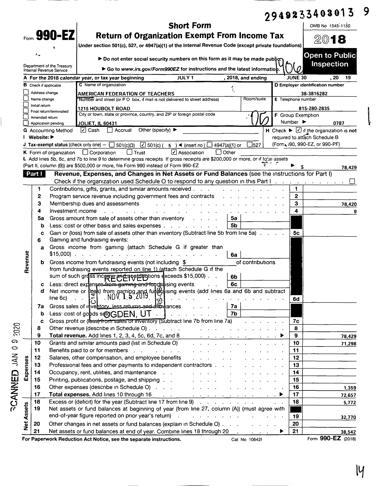 Image of first page of 2018 Form 990EO for American Federation of Teachers - 604 Support & Technical Staff Counc