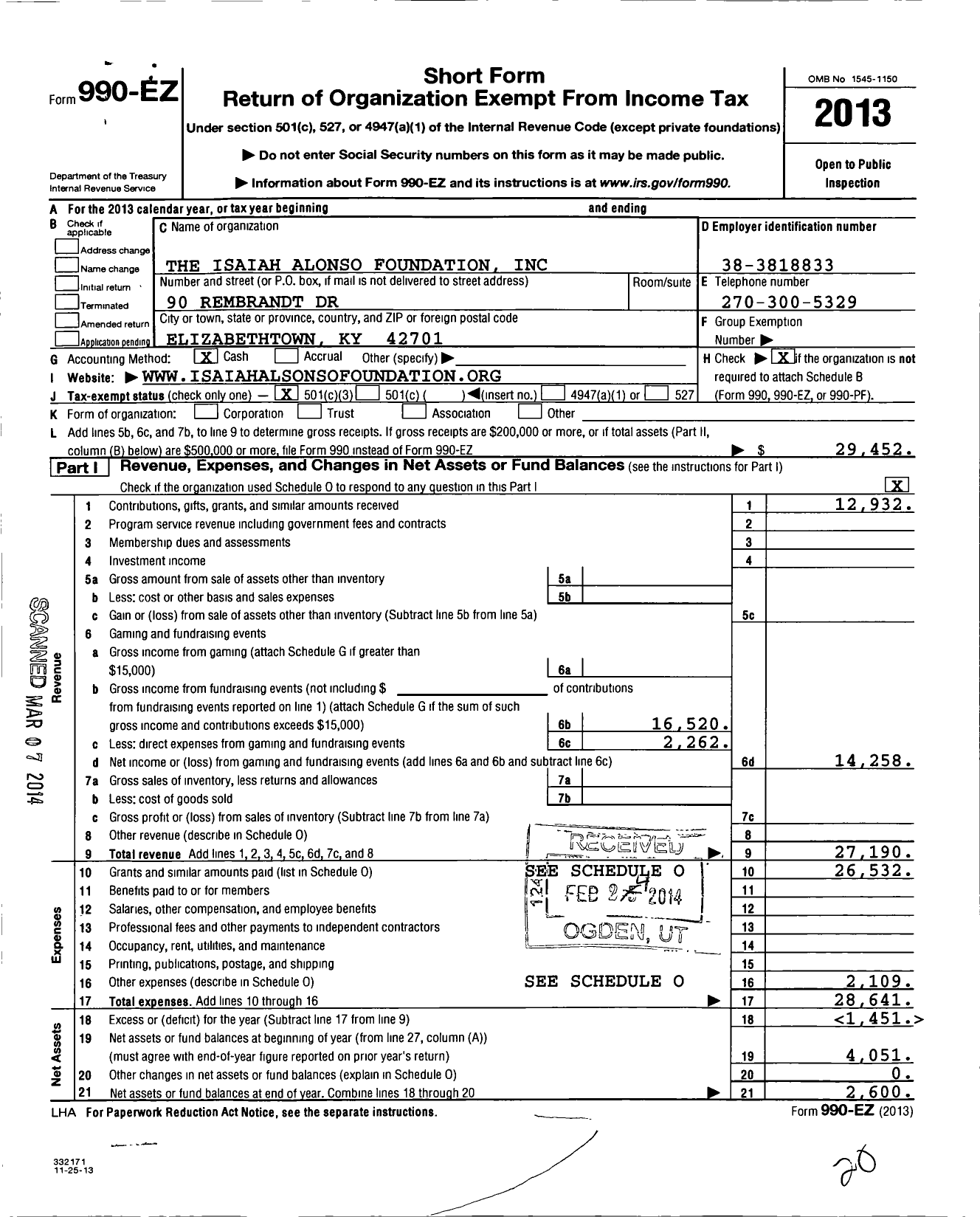 Image of first page of 2013 Form 990EZ for Isaiah Alonso Foundation