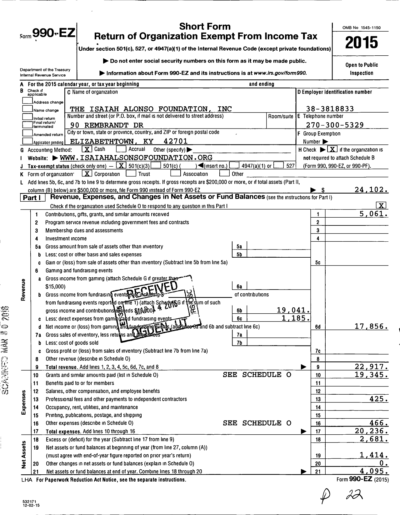 Image of first page of 2015 Form 990EZ for Isaiah Alonso Foundation