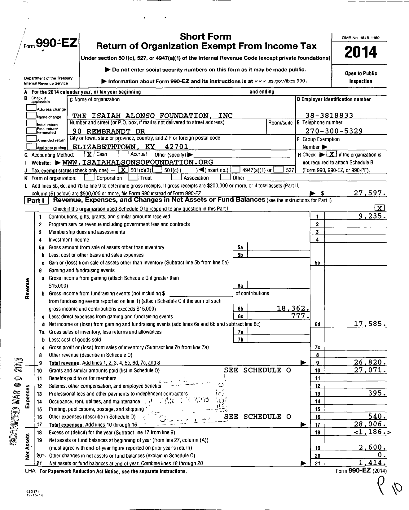 Image of first page of 2014 Form 990EZ for Isaiah Alonso Foundation