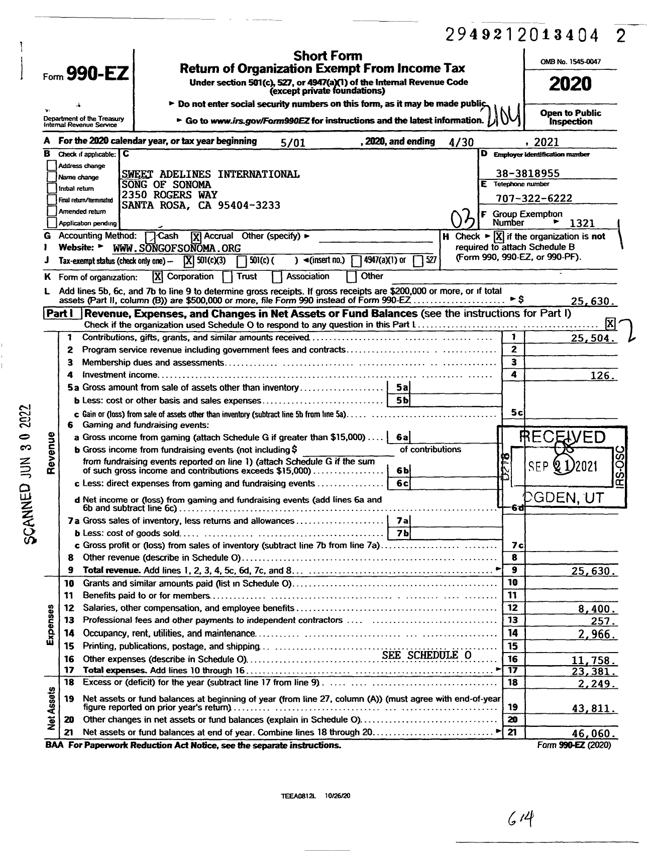 Image of first page of 2020 Form 990EZ for Sweet Adelines International - 185946 Song of Sonoma