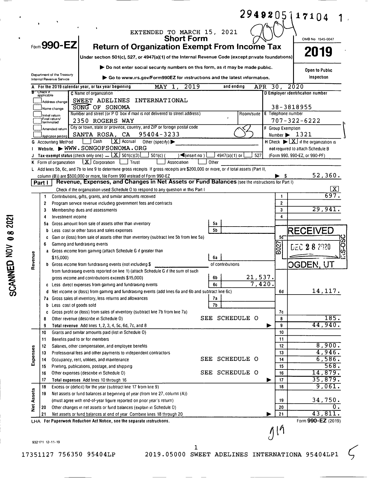 Image of first page of 2019 Form 990EZ for Sweet Adelines International - 185946 Song of Sonoma