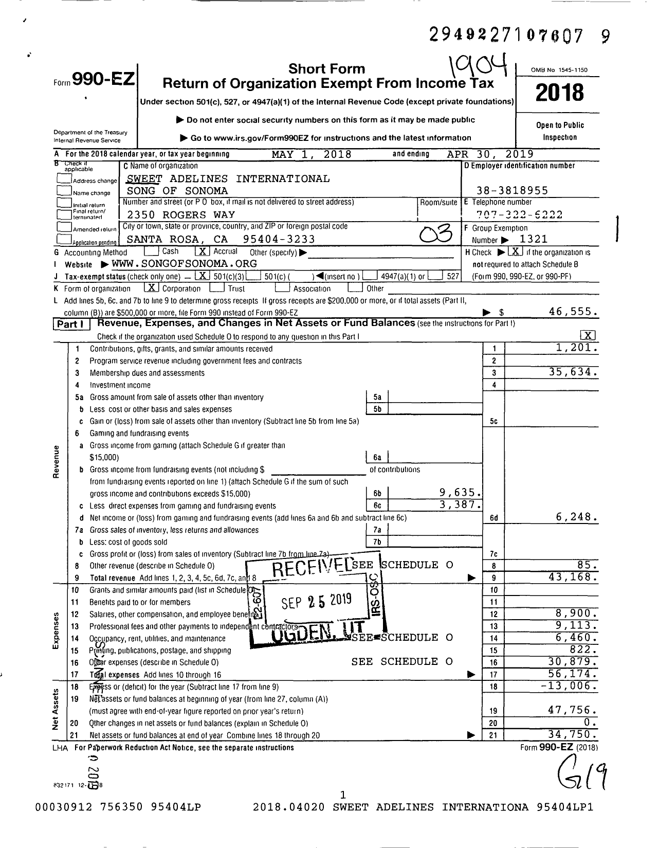 Image of first page of 2018 Form 990EZ for Sweet Adelines International - 185946 Song of Sonoma