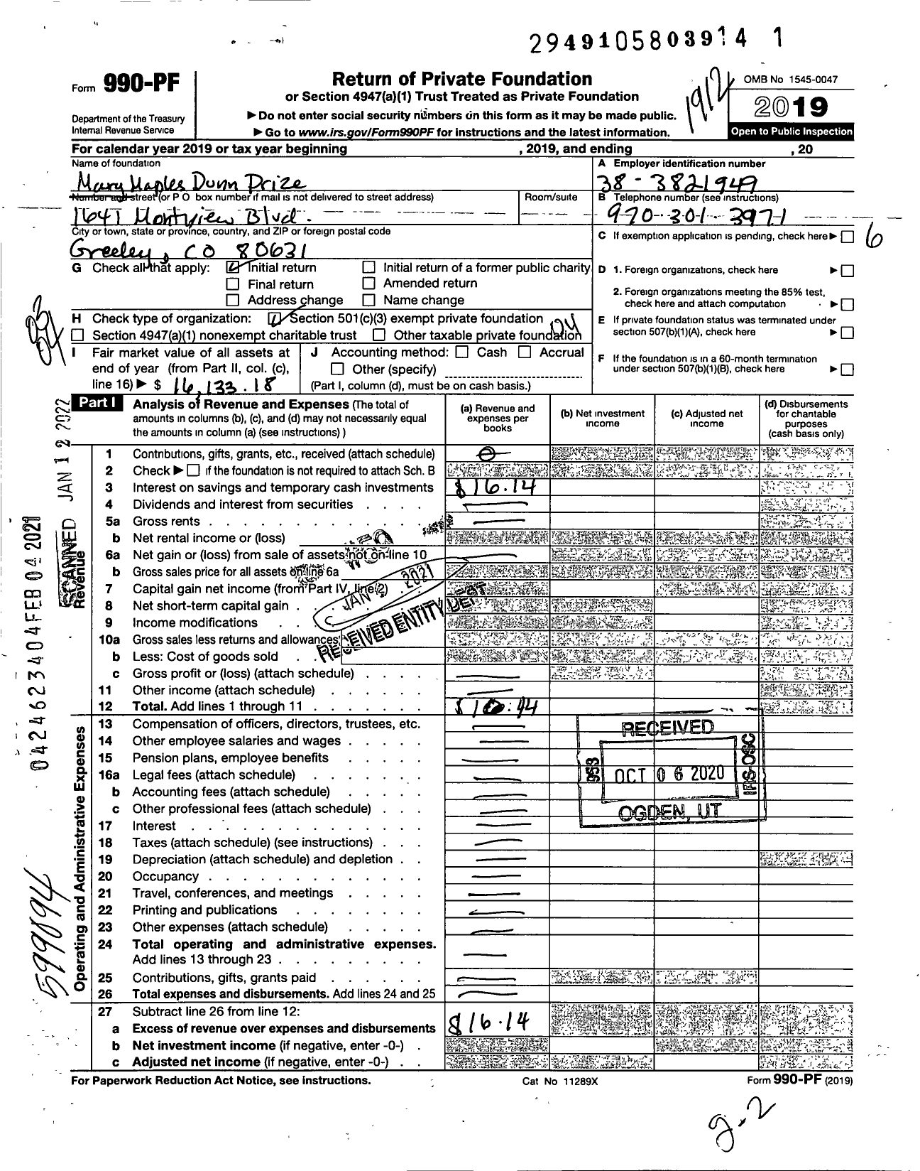 Image of first page of 2019 Form 990PF for Mary Maples Dunn Prize