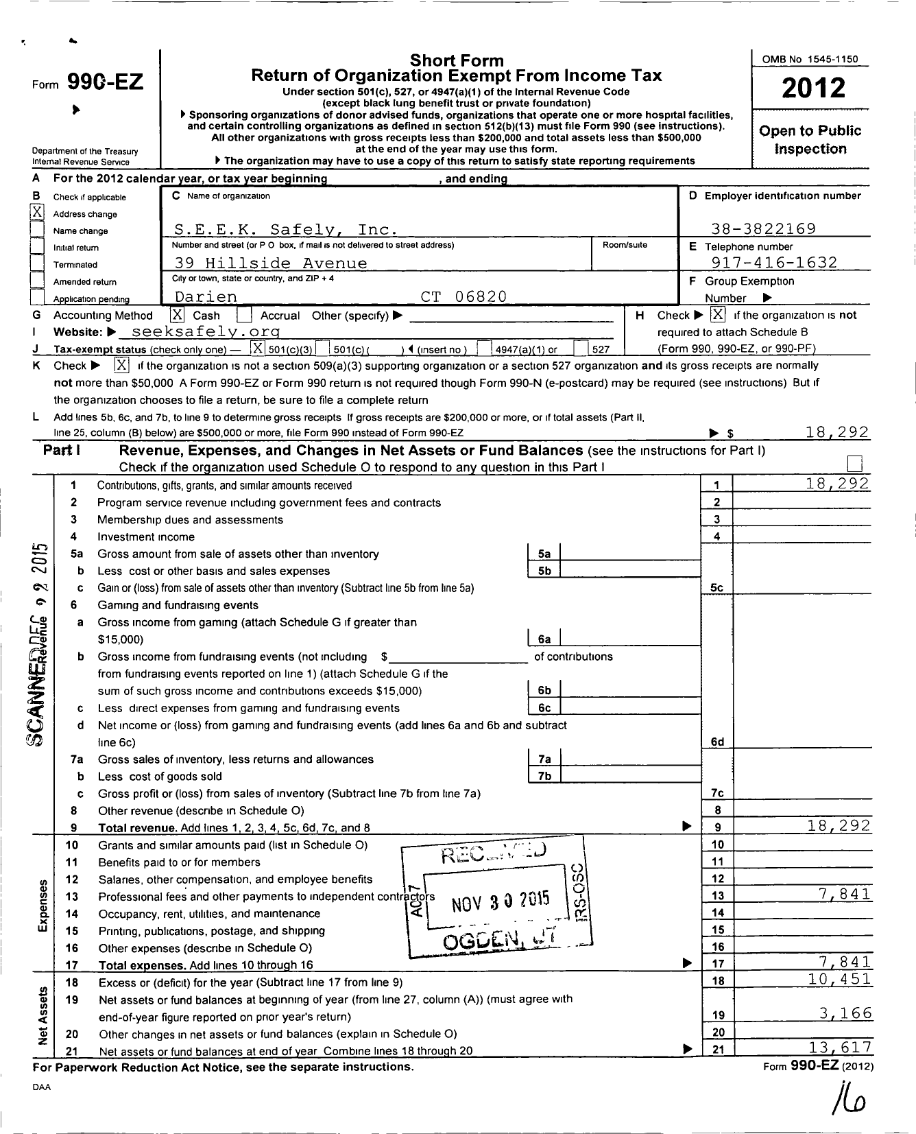 Image of first page of 2012 Form 990EZ for S E E K Safely