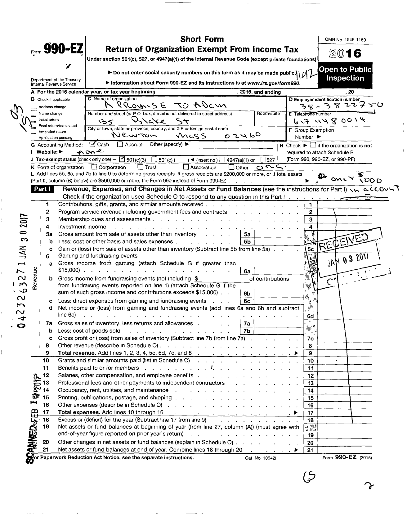 Image of first page of 2016 Form 990EO for A Promise To Adam