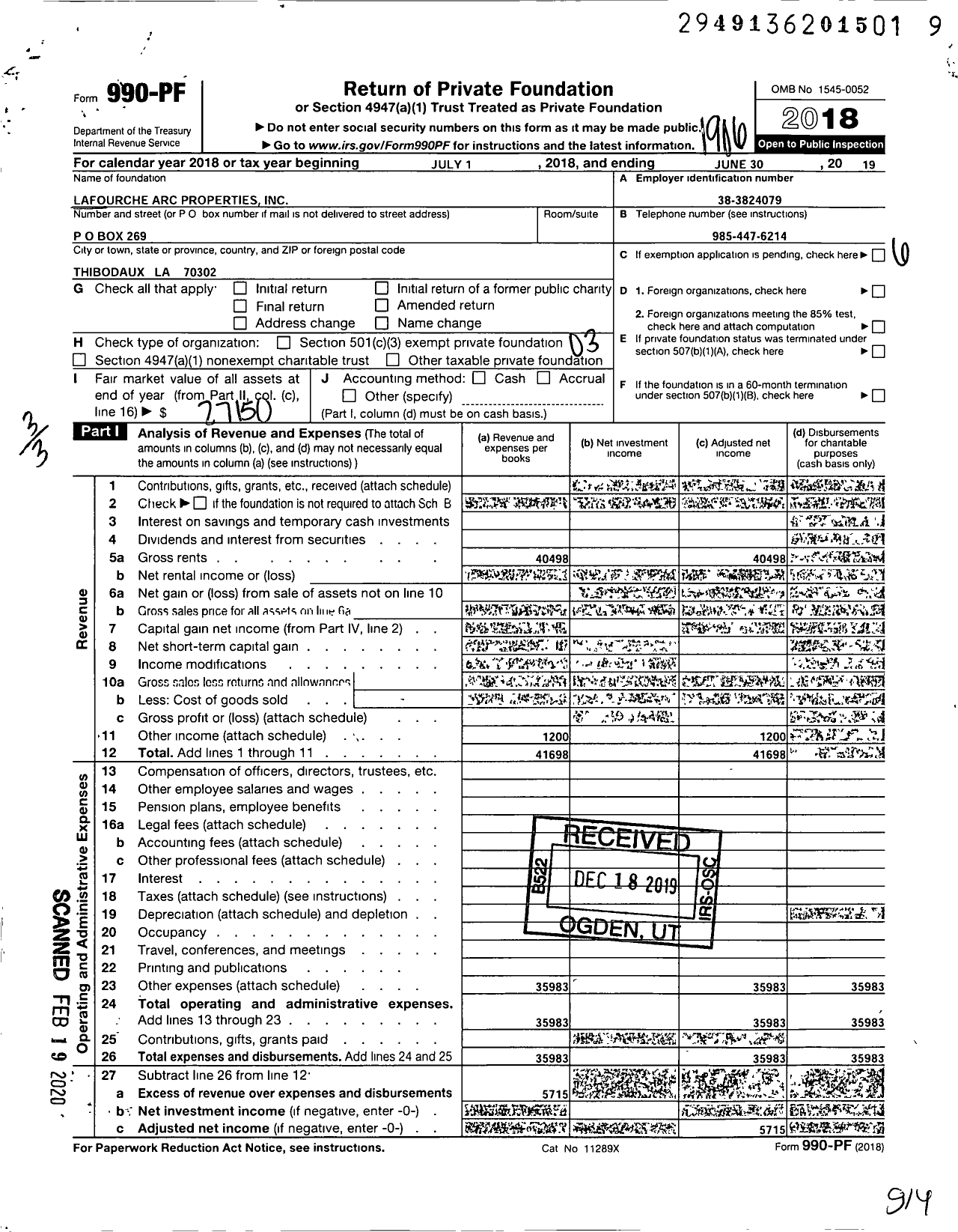 Image of first page of 2018 Form 990PF for Lafourche Arc Properties