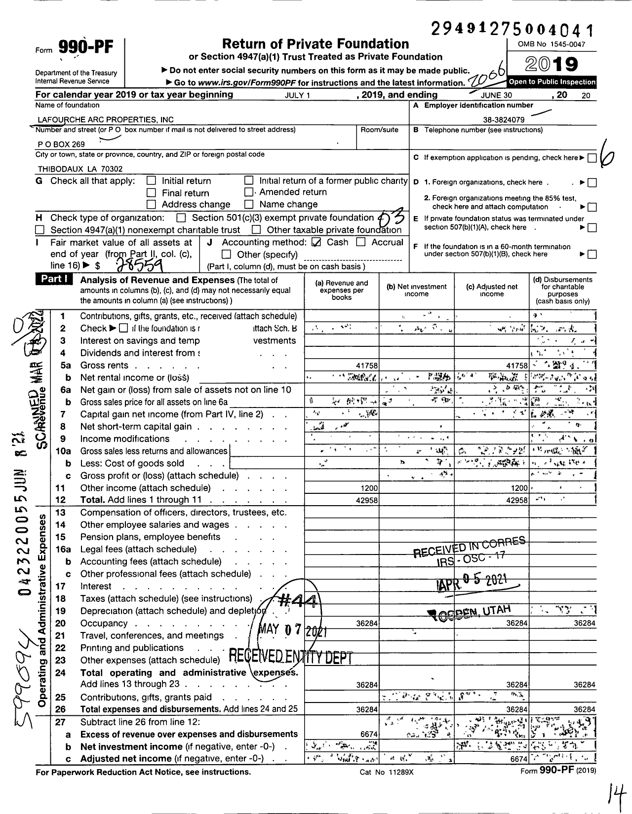 Image of first page of 2019 Form 990PF for Lafourche Arc Properties