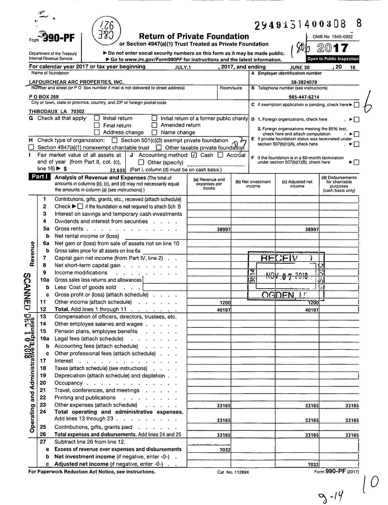 Image of first page of 2017 Form 990PF for Lafourche Arc Properties