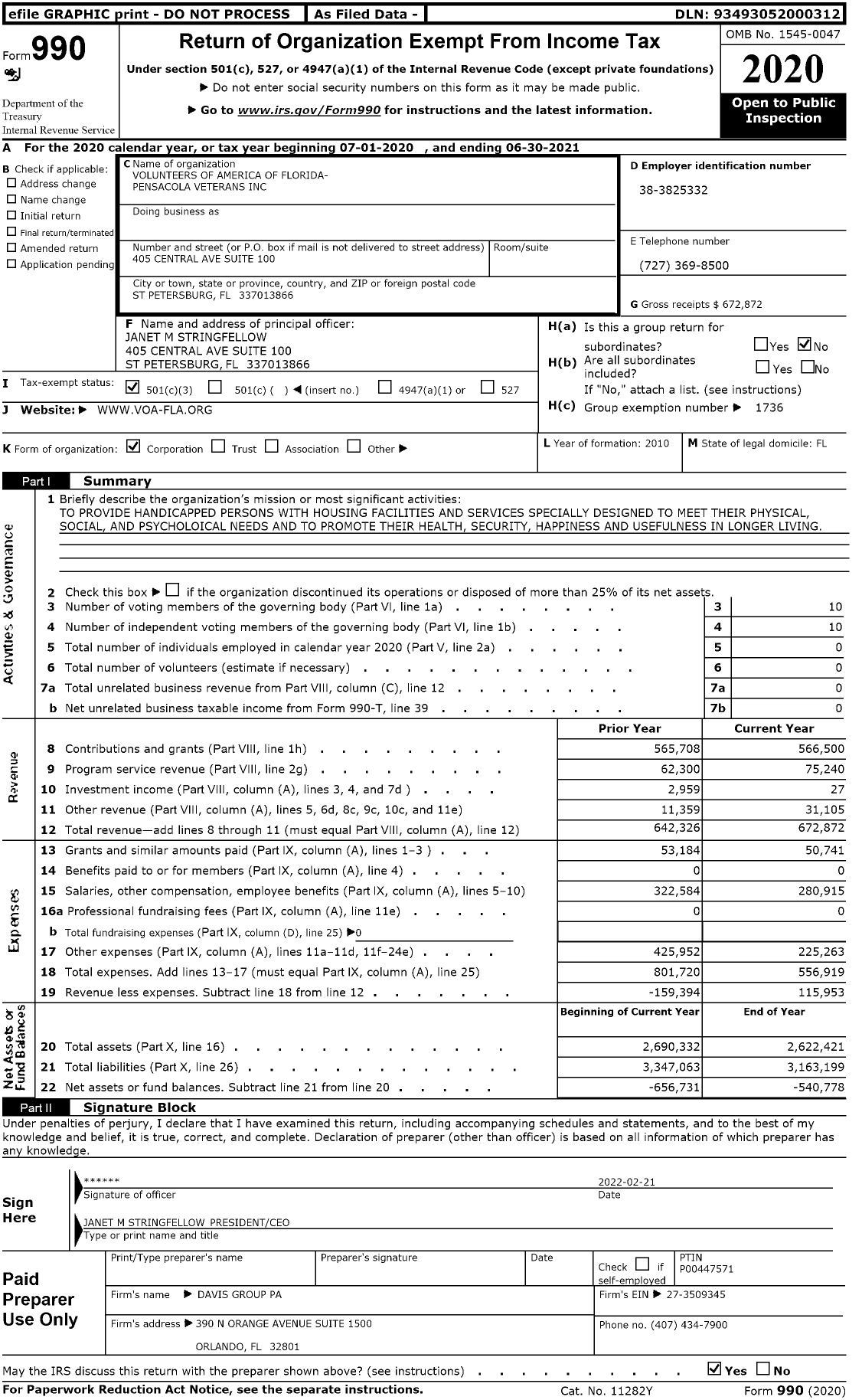 Image of first page of 2020 Form 990 for Volunteers of America - VOA Florida-Pensacola Veterans