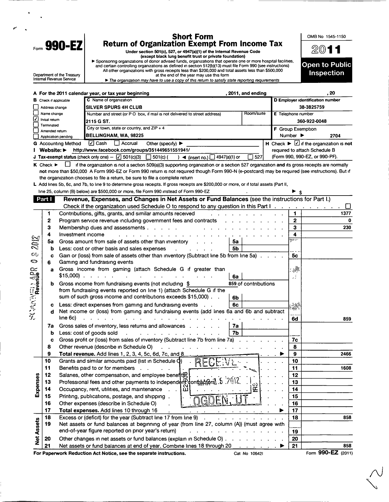 Image of first page of 2011 Form 990EZ for Washington State University / Silver Spurs