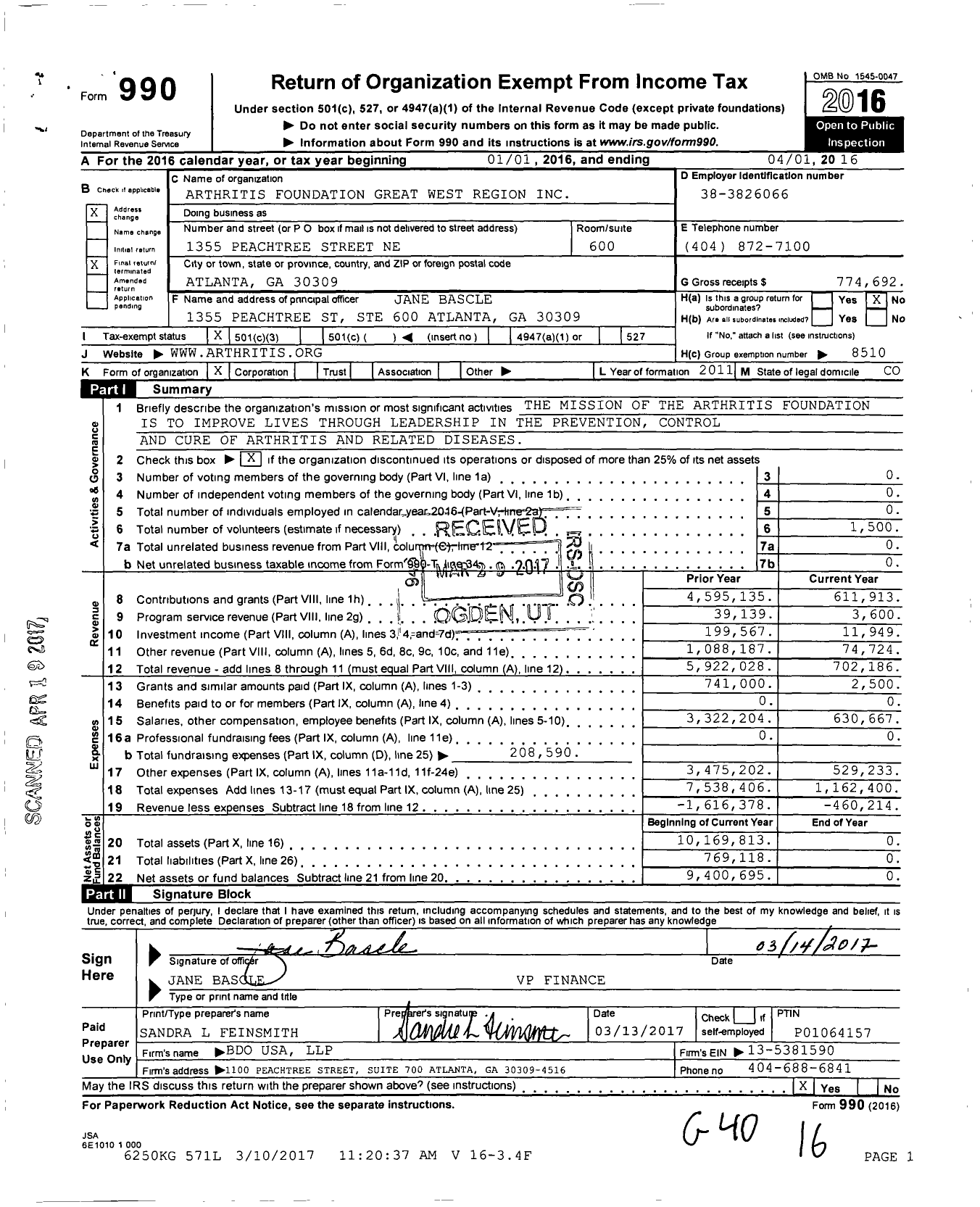 Image of first page of 2015 Form 990 for Arthritis Foundation - Great West Region