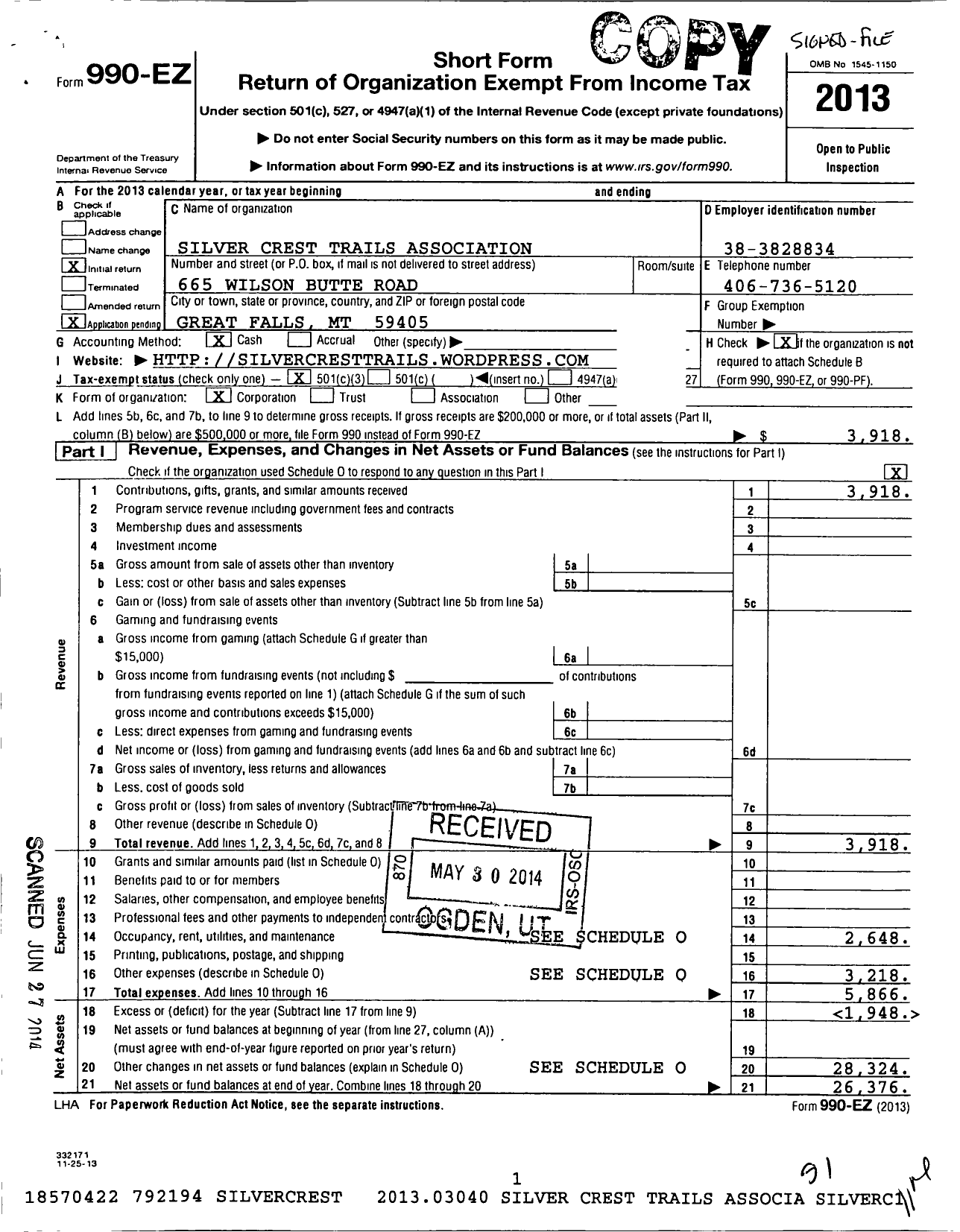 Image of first page of 2013 Form 990EZ for Silver Crest Trail Association