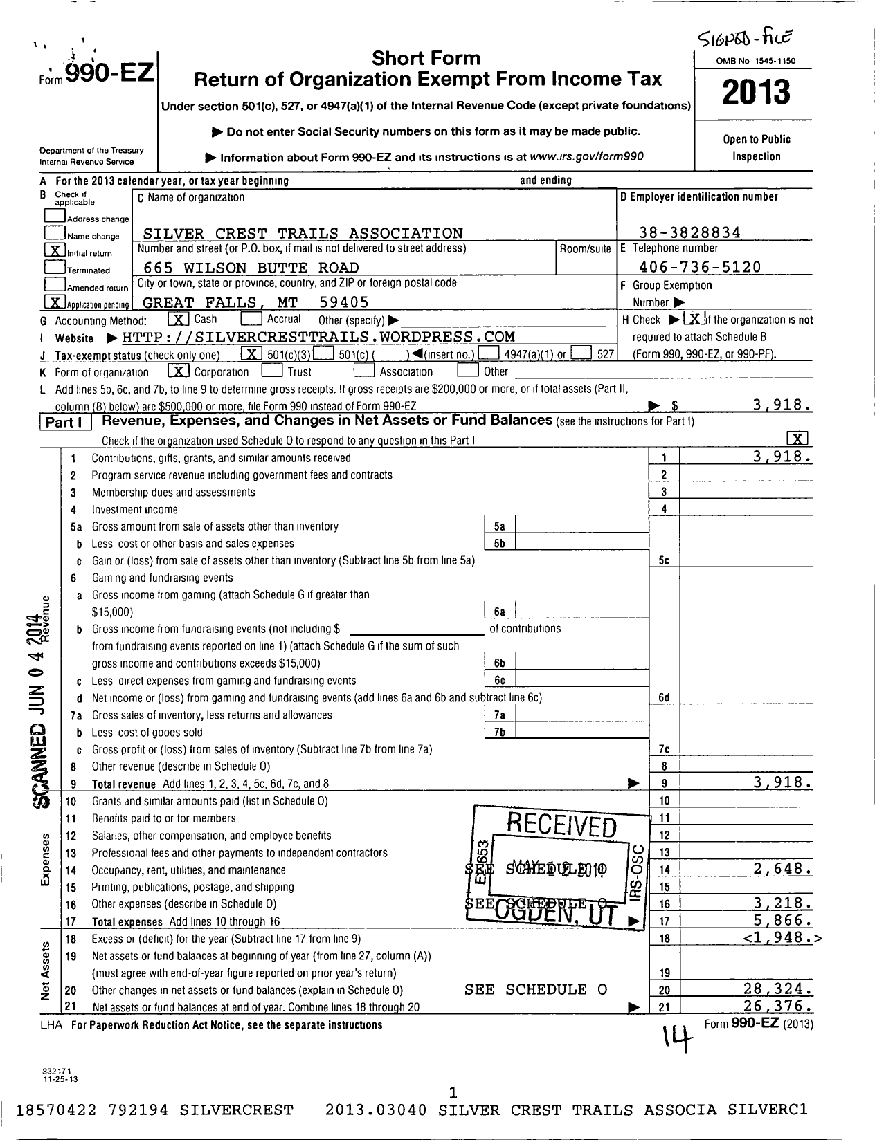 Image of first page of 2013 Form 990EZ for Silver Crest Trail Association