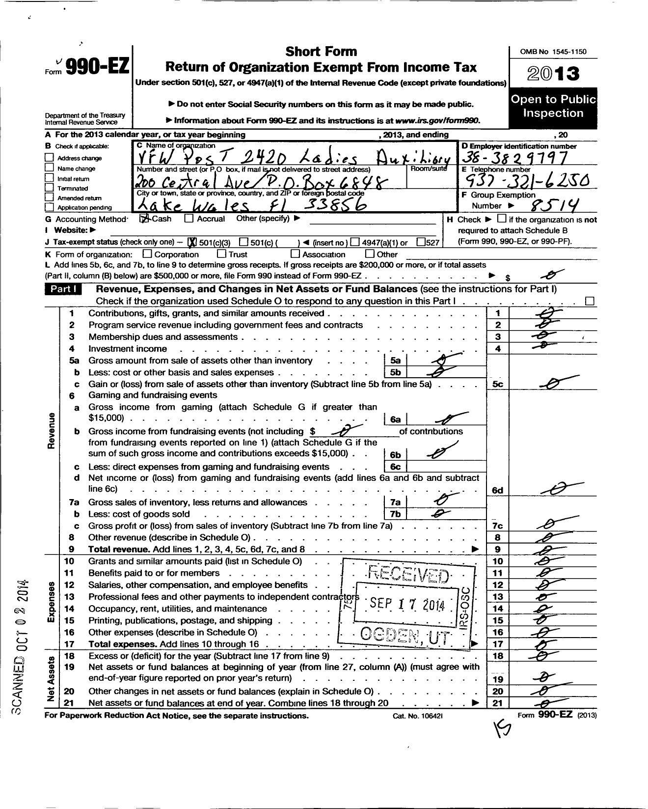 Image of first page of 2013 Form 990EZ for Veterans of Foreign Wars of the United States Auxiliary / 2420 Auxiliary To VFW Post