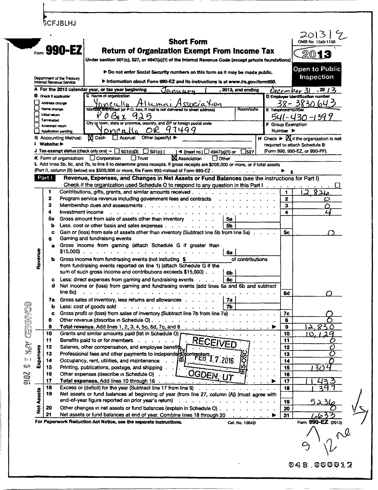 Image of first page of 2013 Form 990EO for Scholarship America - Yoncalla Alumni Assoc Dollars for S